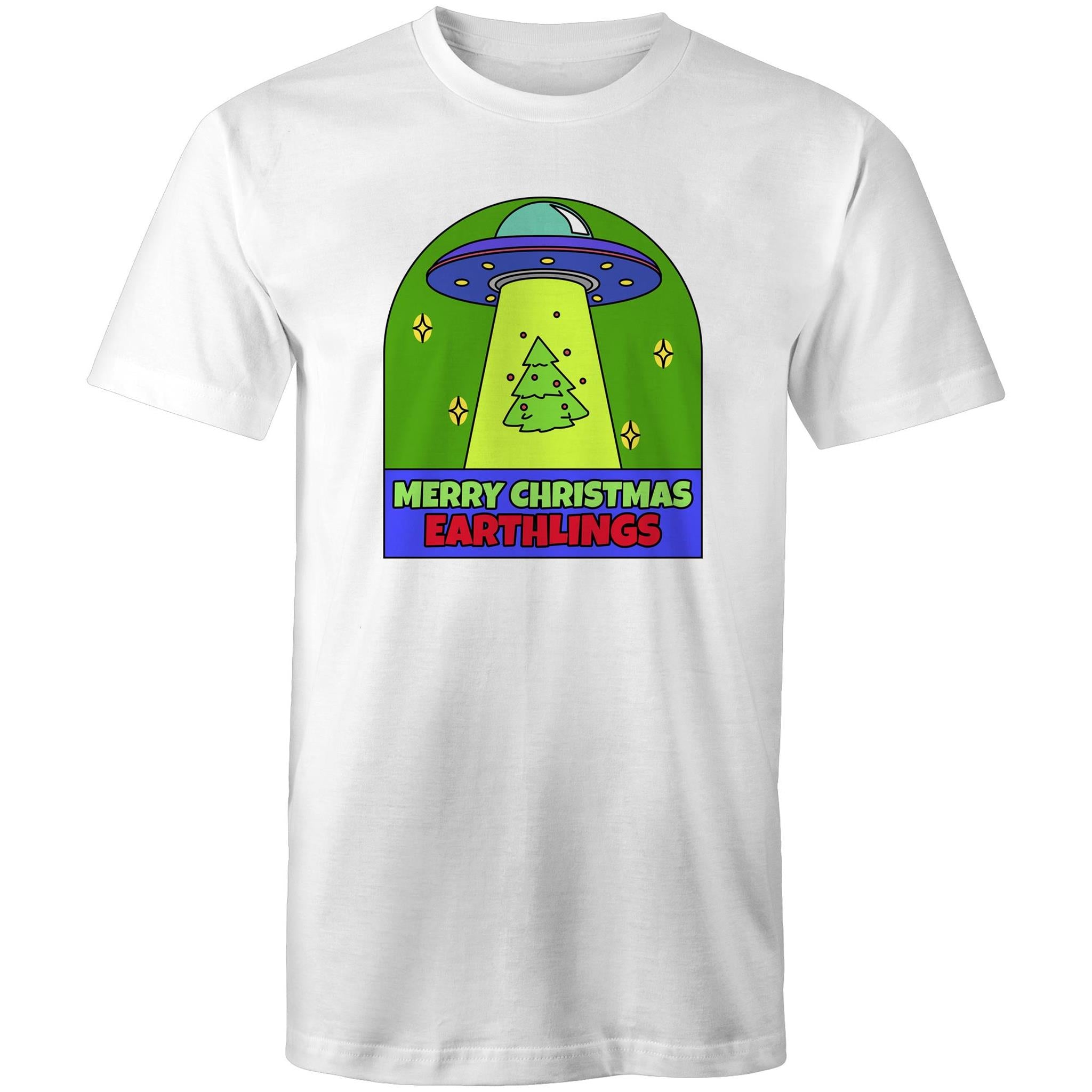 Merry Christmas Earthlings, UFO - Mens T-Shirt White Mens Christmas T-shirt Christmas Printed In Australia