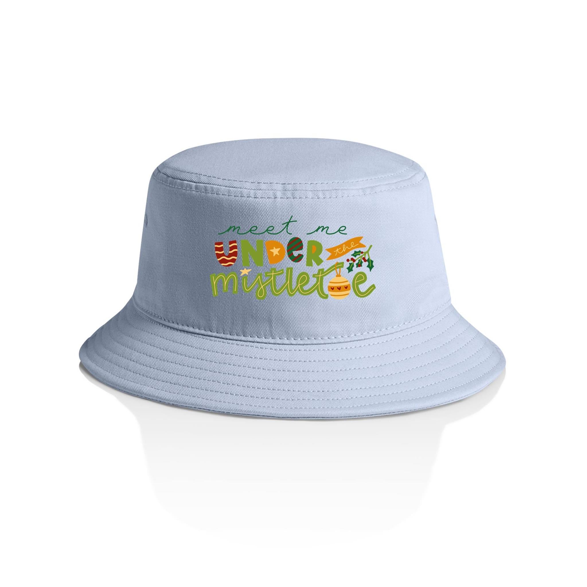 Meet Me Under The Mistletoe - Christmas AS Colour Bucket Hat Powder One Size Christmas Bucket Hat Christmas Printed In Australia