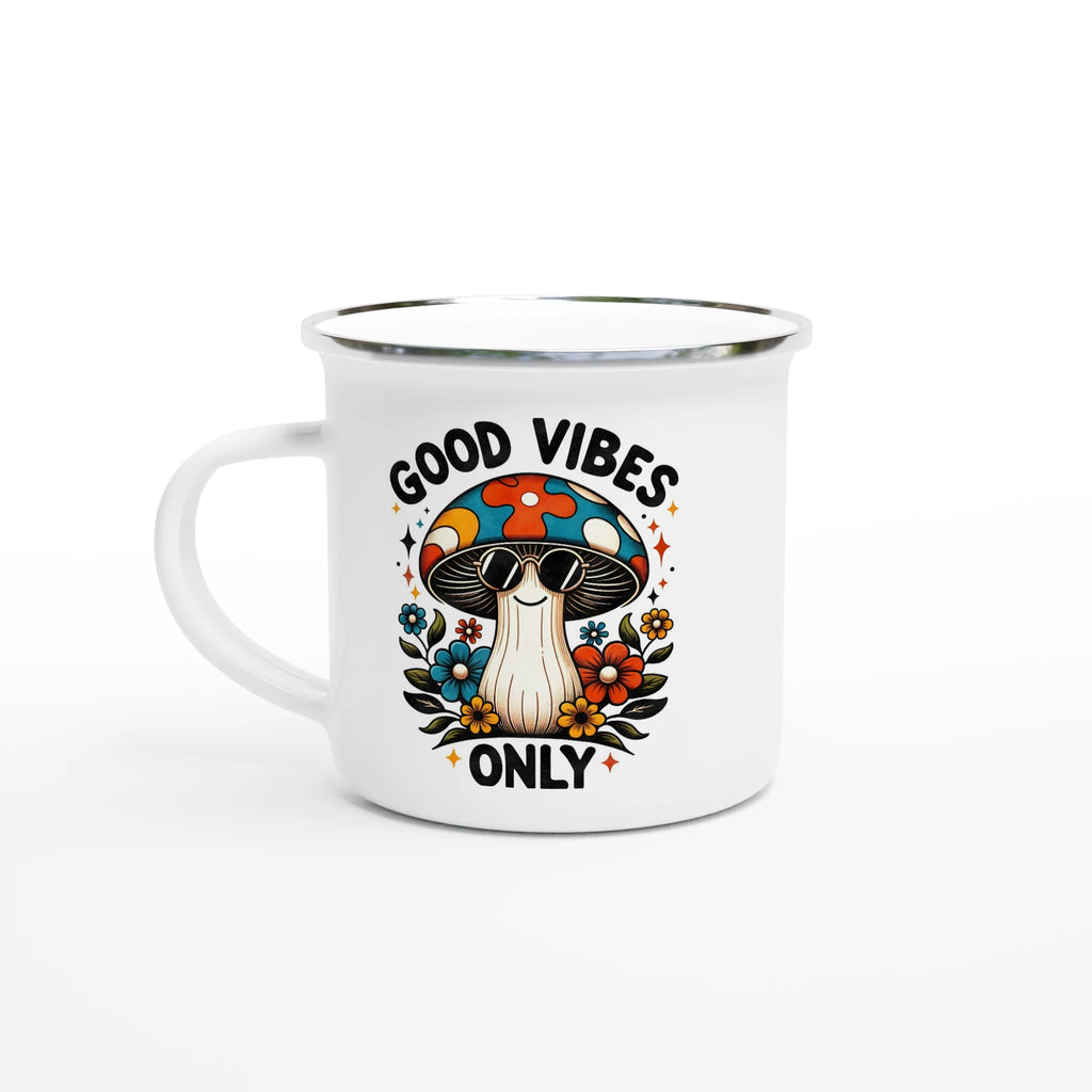 Personalised Good Vibes Only, Hippie Mushroom With Sunglasses White 12oz Enamel Mug Default Title Personalised Enamel Mug Globally Fulfilled Positivity