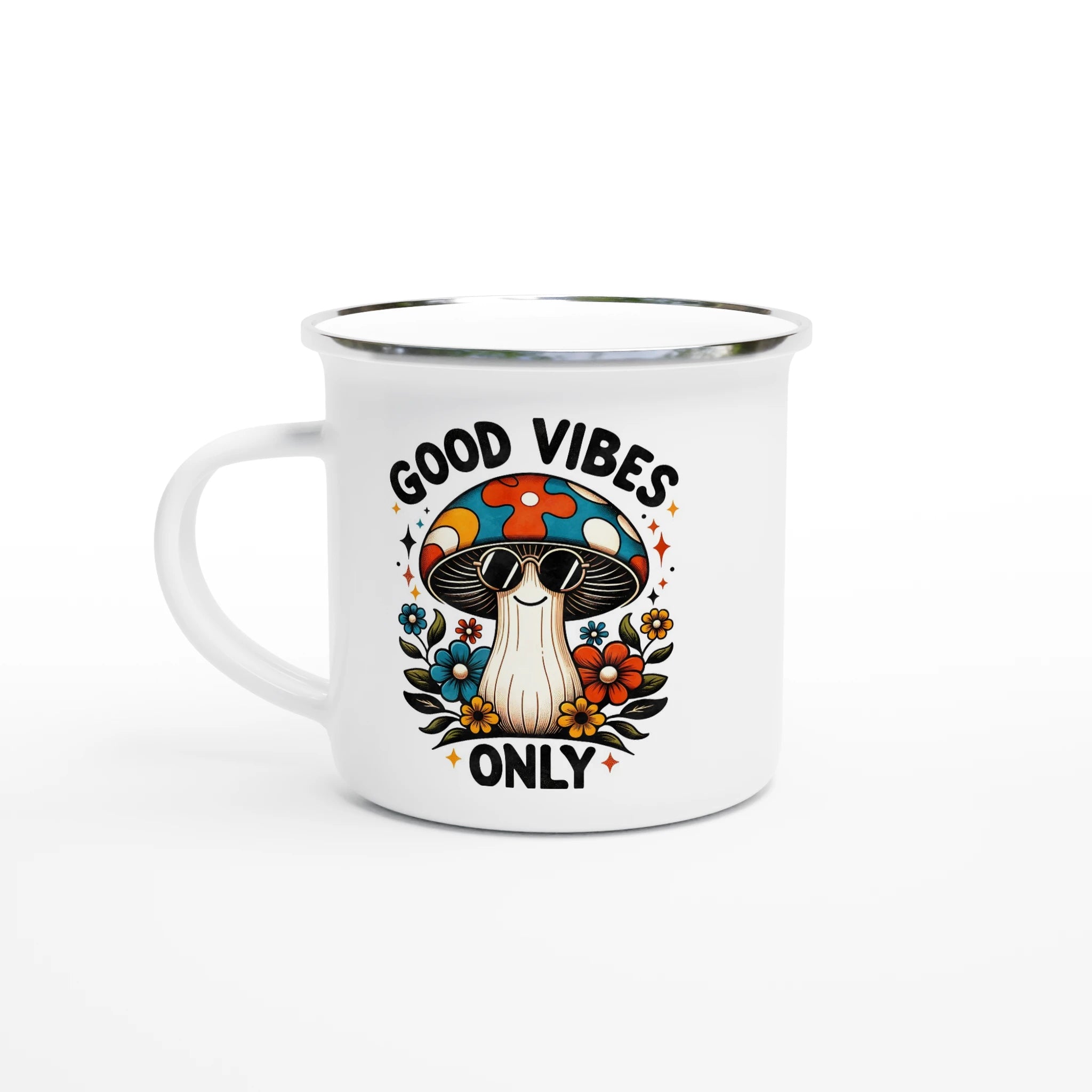 Personalised Good Vibes Only, Hippie Mushroom With Sunglasses White 12oz Enamel Mug Default Title Personalised Enamel Mug Globally Fulfilled Positivity
