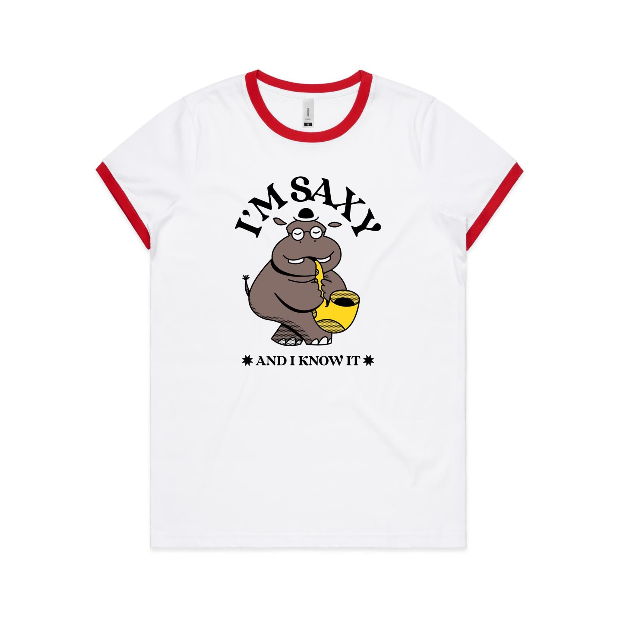 I'm Saxy And I Know It, Hippo Trumpet Player - Women's Ringer Tee White Red Womens Ringer T-shirt animal Music Printed In Australia