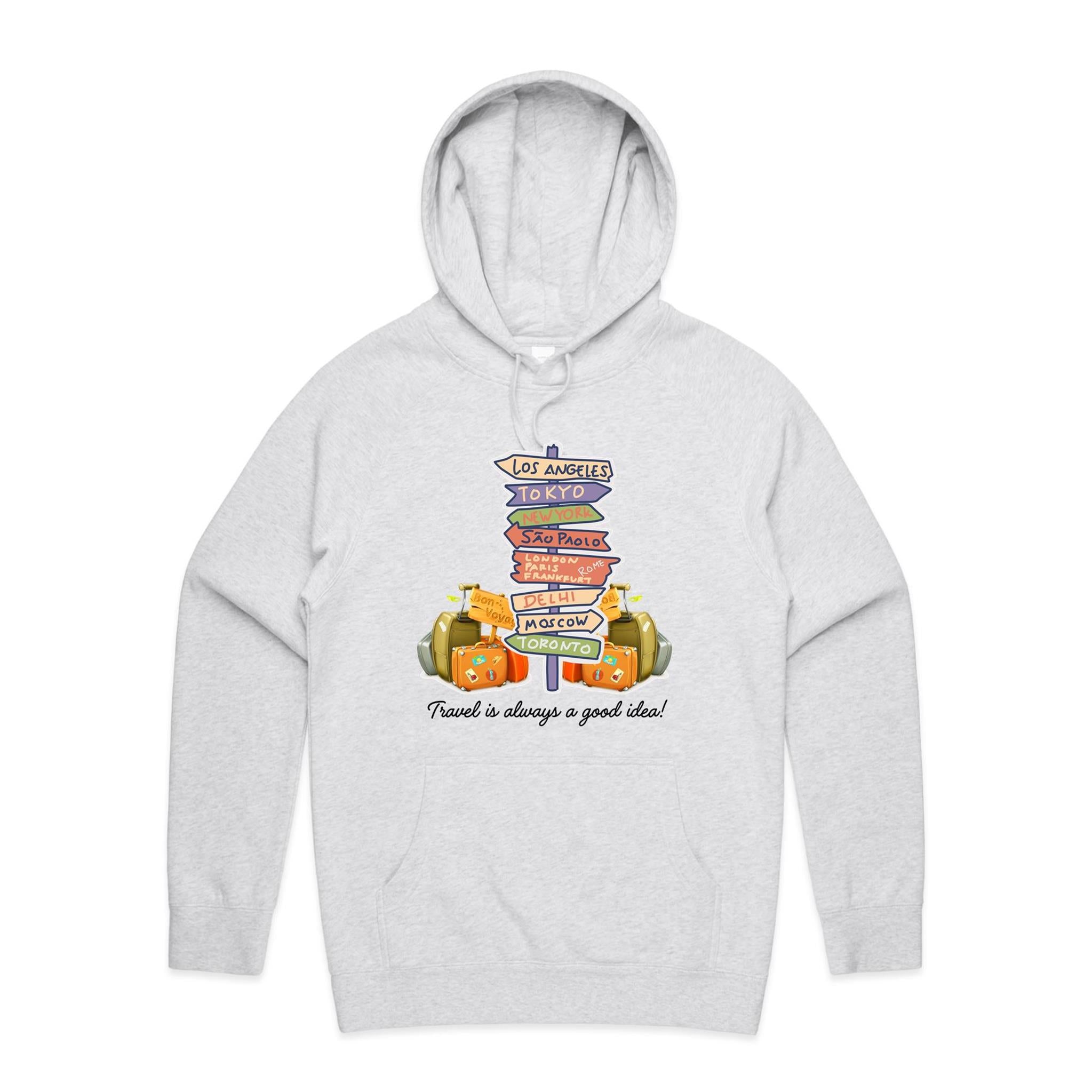 Travel Is Always A Good Idea - Mens Hoodie White Marle Mens Hoodie Printed In Australia