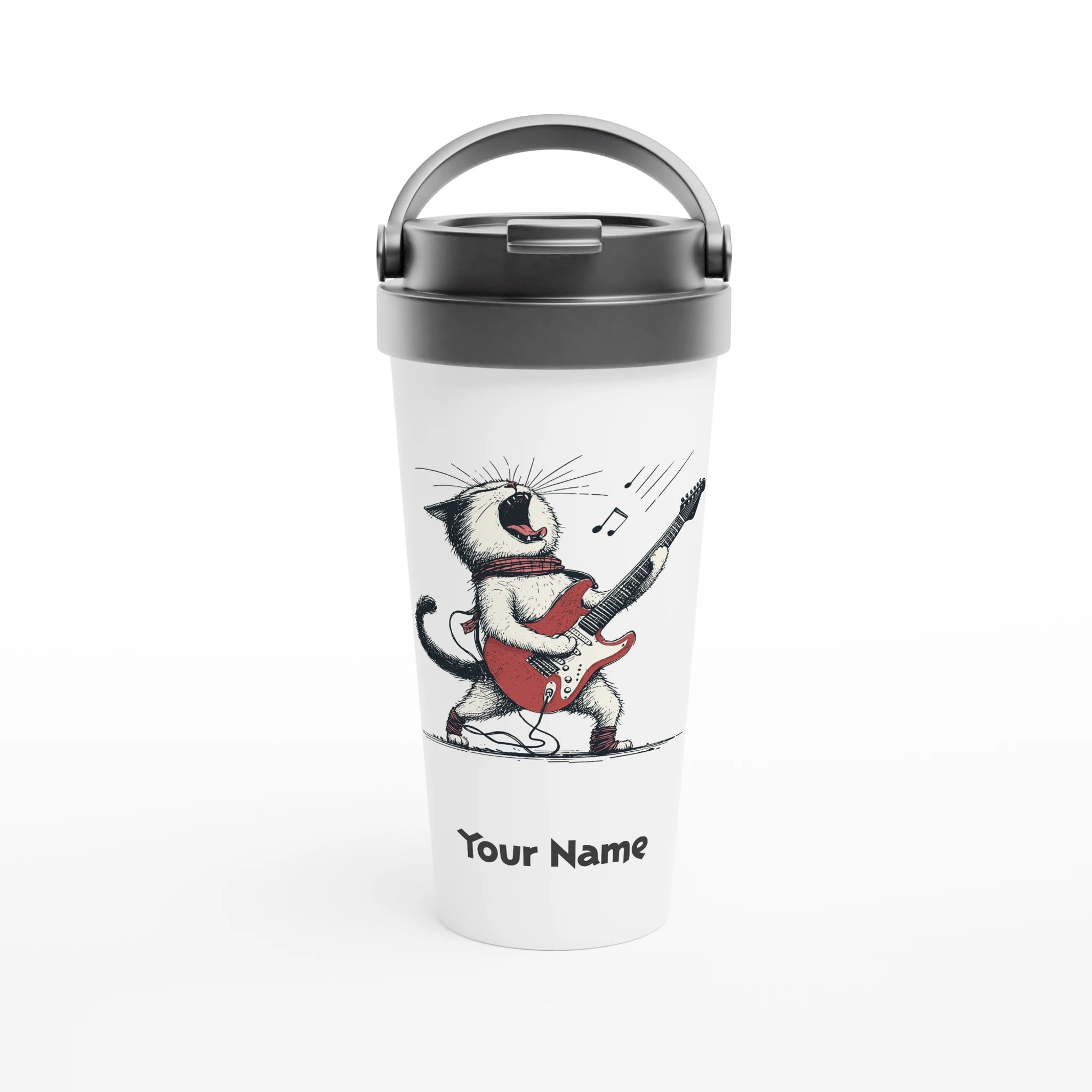 Personalised Cat Playing Guitar White 15oz Stainless Steel Travel Mug Default Title Personalised Travel Mug animal Globally Fulfilled Music