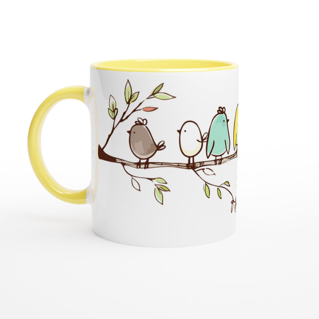 Birds On A Branch - White 11oz Ceramic Mug with Colour Inside Ceramic Yellow Colour 11oz Mug animal Globally Fulfilled