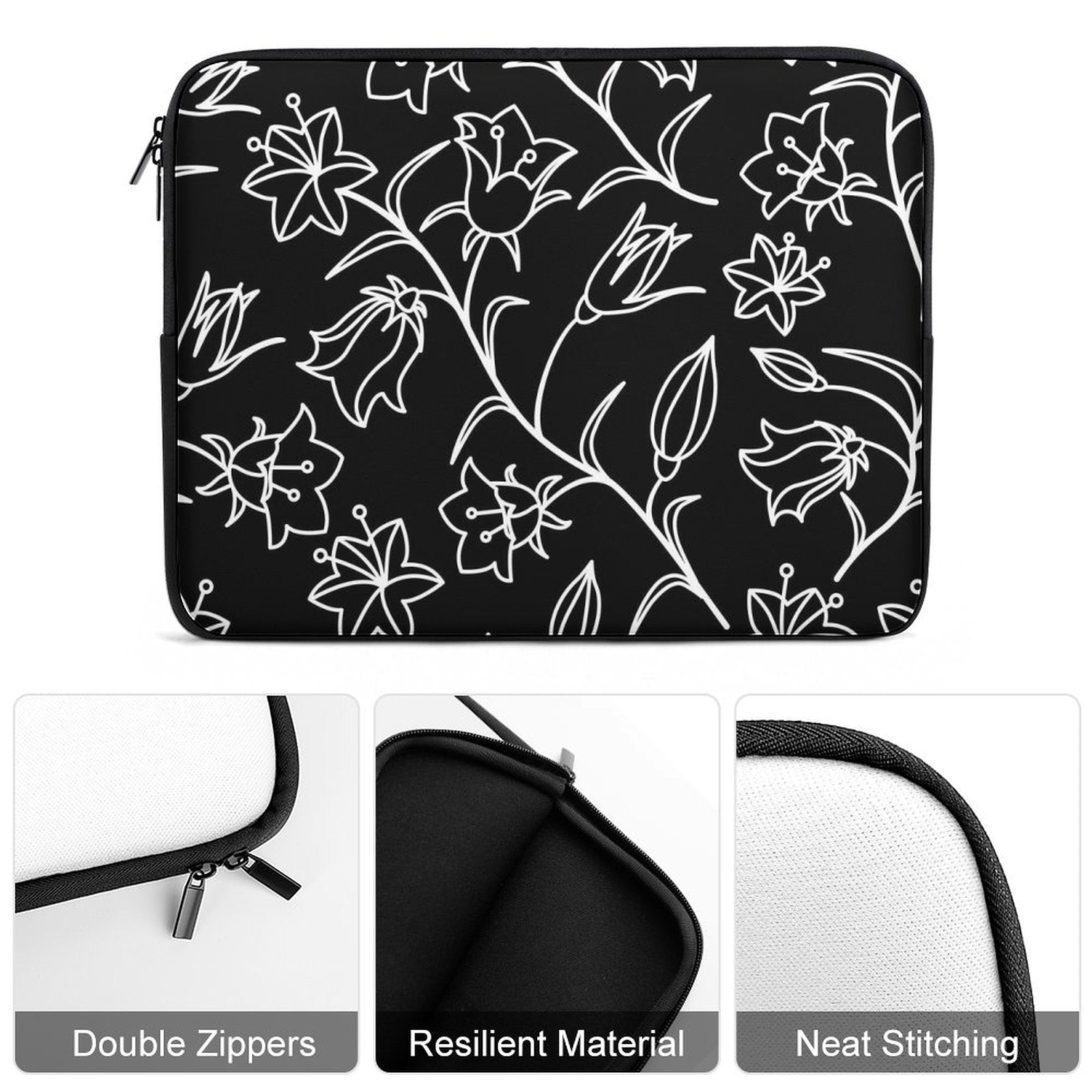 Black And White Floral Laptop Sleeve (Multiple Sizes) Laptop Sleeve Plants Printed Offshore