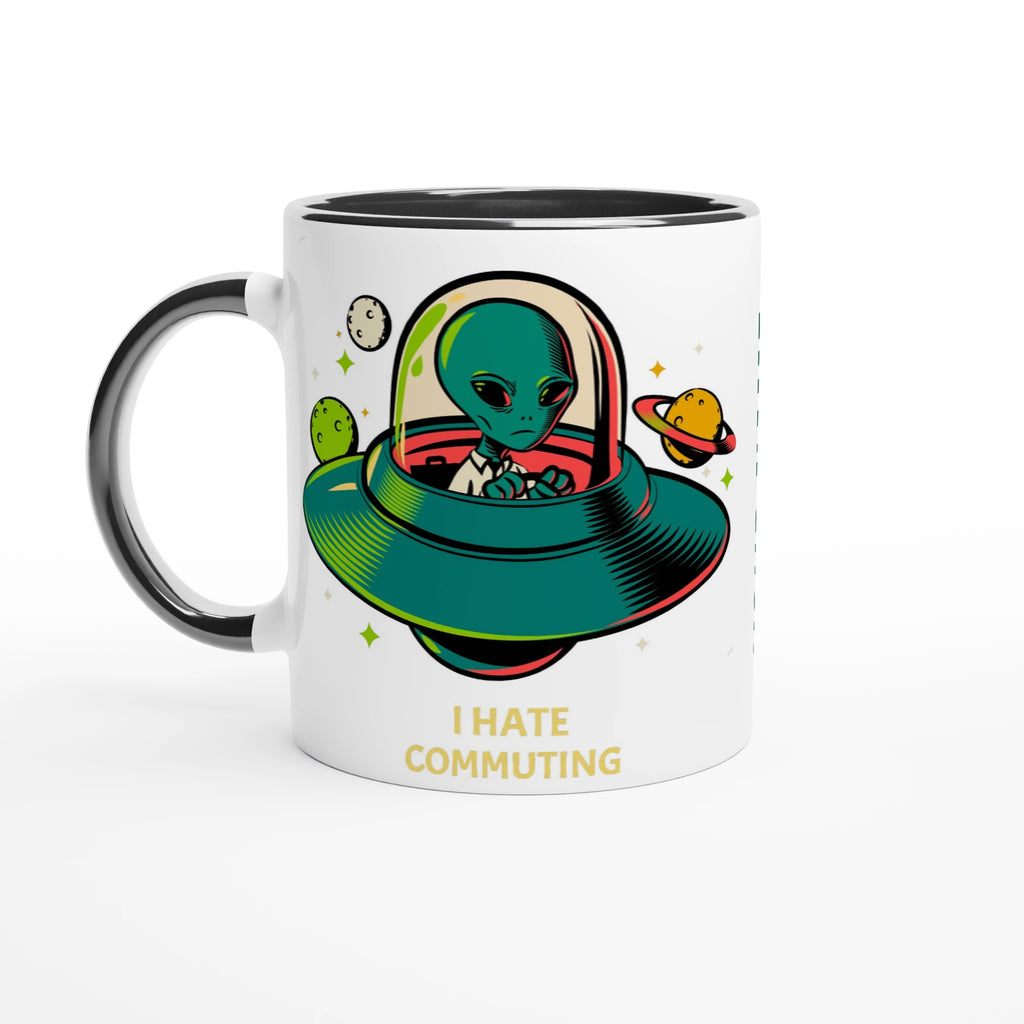 Personalise - Alien Commute, UFO - White 11oz Ceramic Mug Ceramic Black Personalised Mug customise Globally Fulfilled personalise Sci Fi