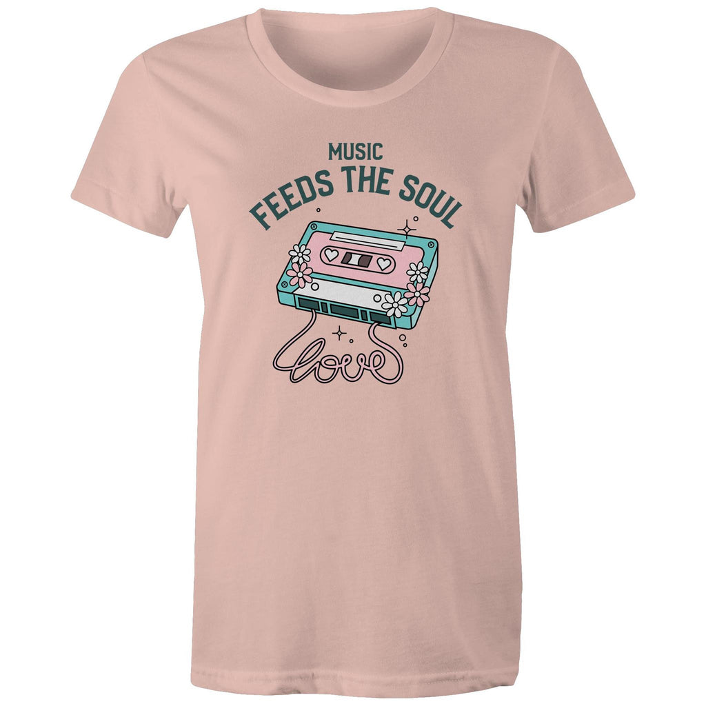 Music Feeds The Soul, Cassette Tape - Womens T-shirt Pale Pink Womens T-shirt Music Printed In Australia