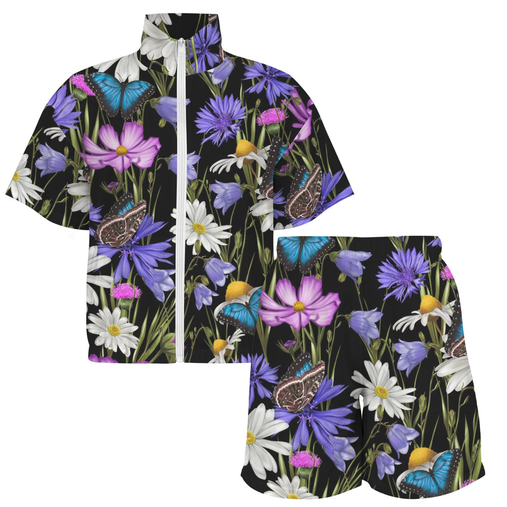 Butterfly Flowers Women's Windbreaker Short Set Women's Windbreaker Short Set Plants Printed Offshore