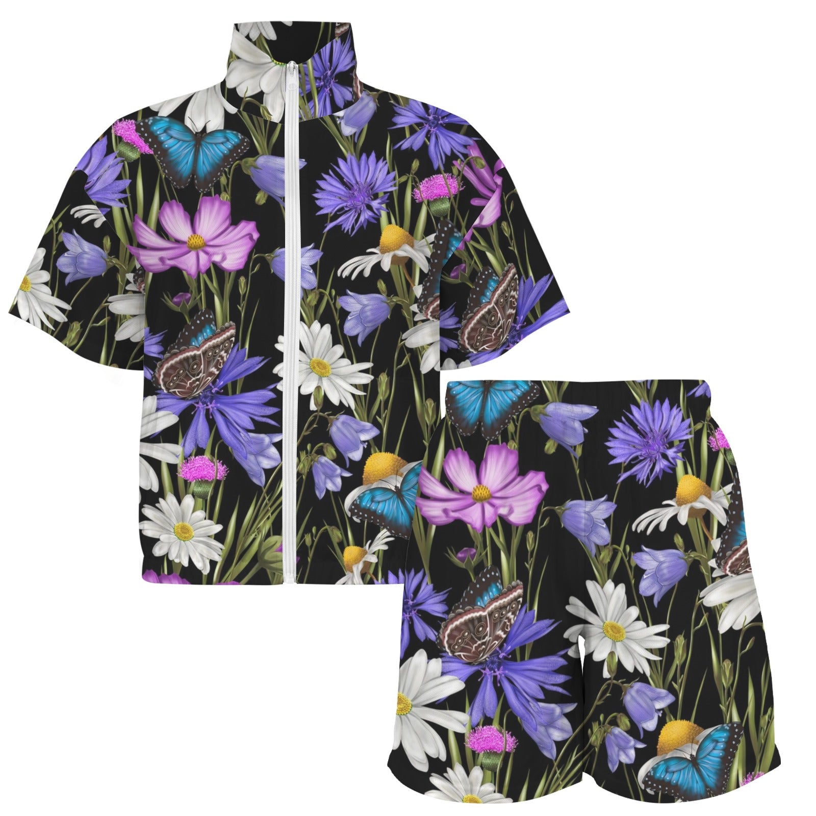 Butterfly Flowers Women's Windbreaker Short Set Women's Windbreaker Short Set Plants Printed Offshore