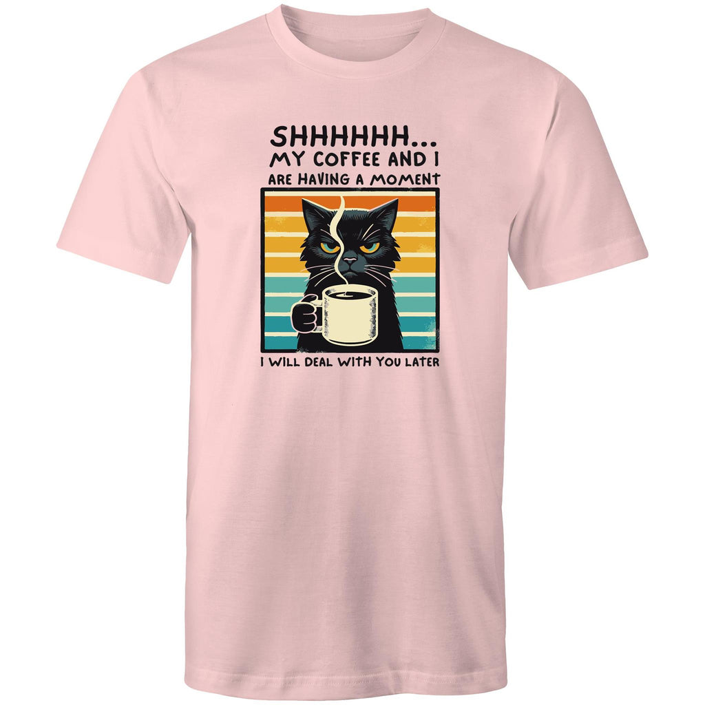 Shhh, My Coffee And I Are Having A Moment, Cat - Mens T-Shirt Pink Mens T-shirt animal Coffee Printed In Australia