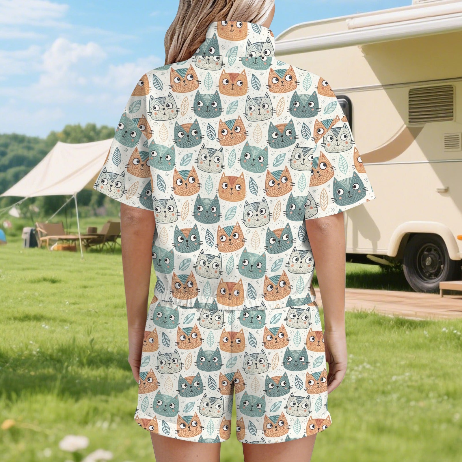 Cute Cat Faces Women's Windbreaker Short Set Women's Windbreaker Short Set animal Printed Offshore