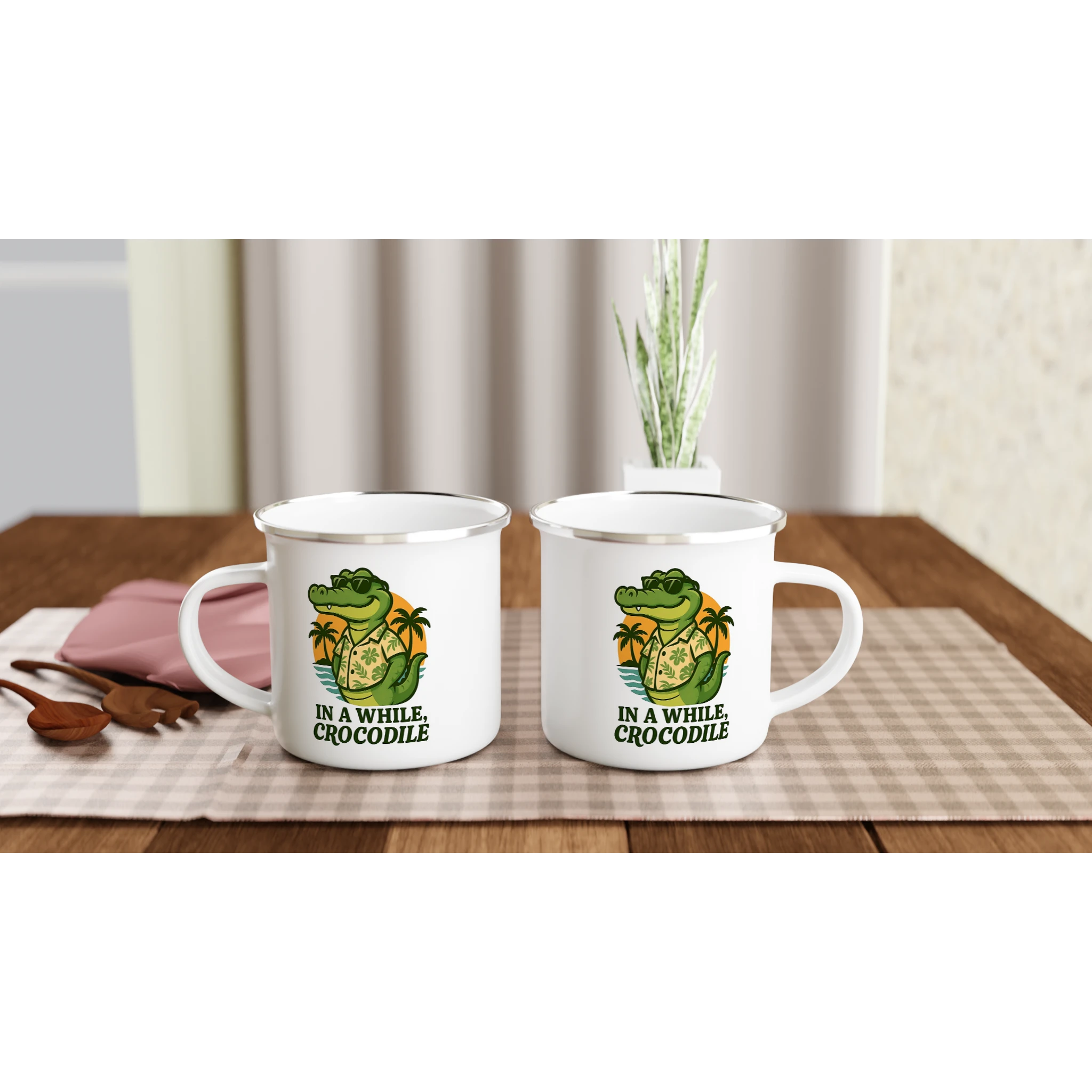 Personalised In A While, Crocodile White 12oz Enamel Mug Personalised Enamel Mug animal Globally Fulfilled