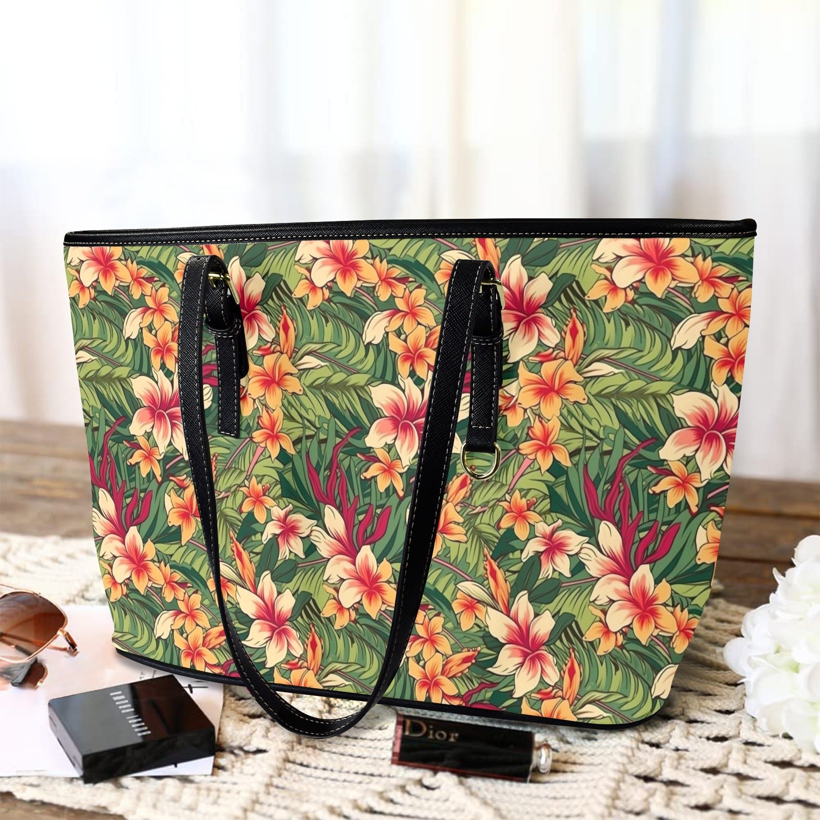 Vintage Hawaiian Floral - PU Leather Tote Bag - Large
