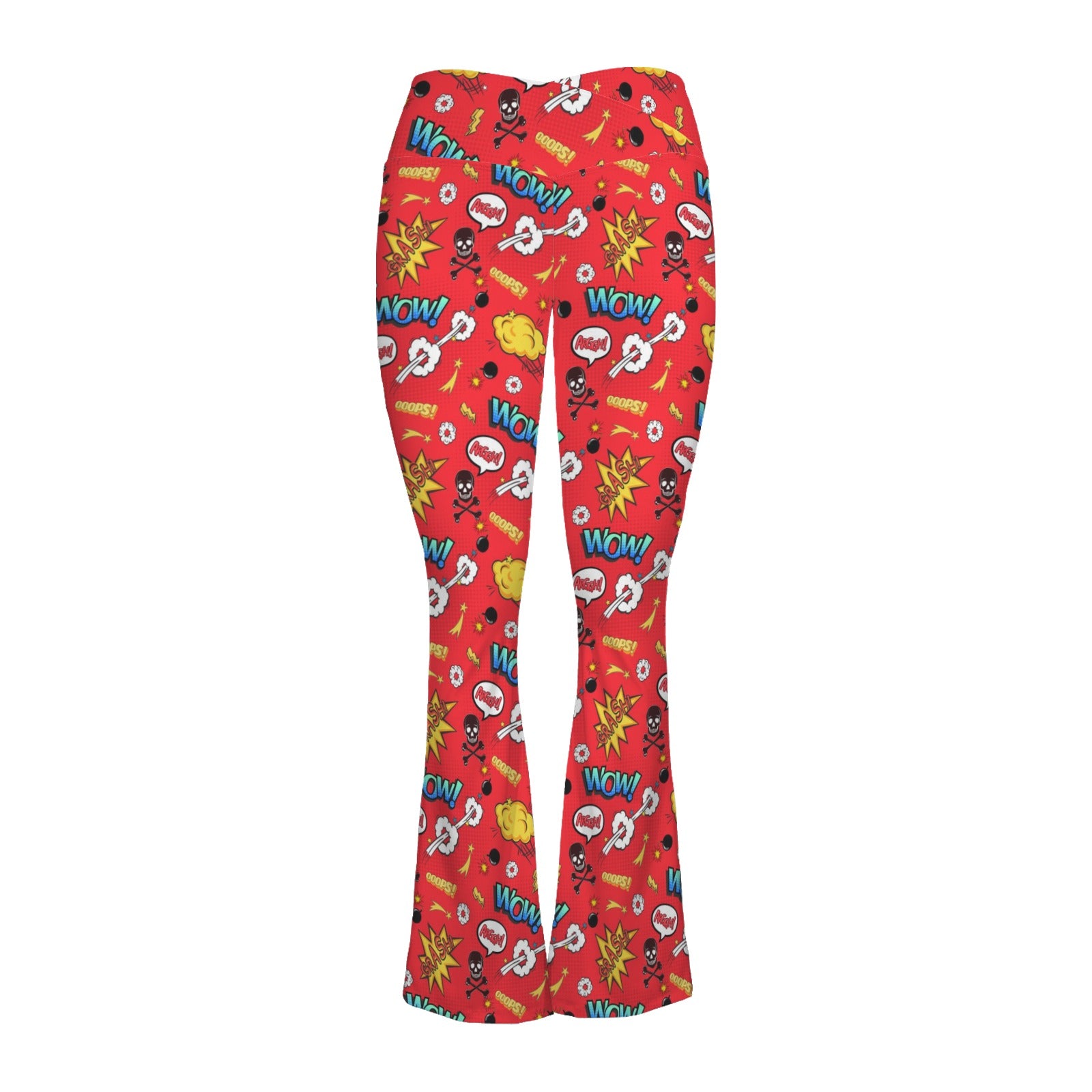 Comic Book Red High Waist Crossover Tummy Control Flare Leggings High Waist Flare Leggings comic Printed Offshore