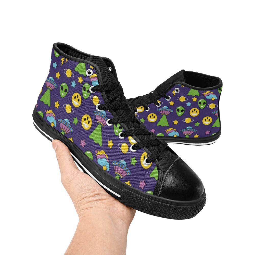 Groovy Alien And UFO Men's High Top Canvas Shoes Men's Classic High Top Canvas Shoes Printed Offshore Retro Sci Fi