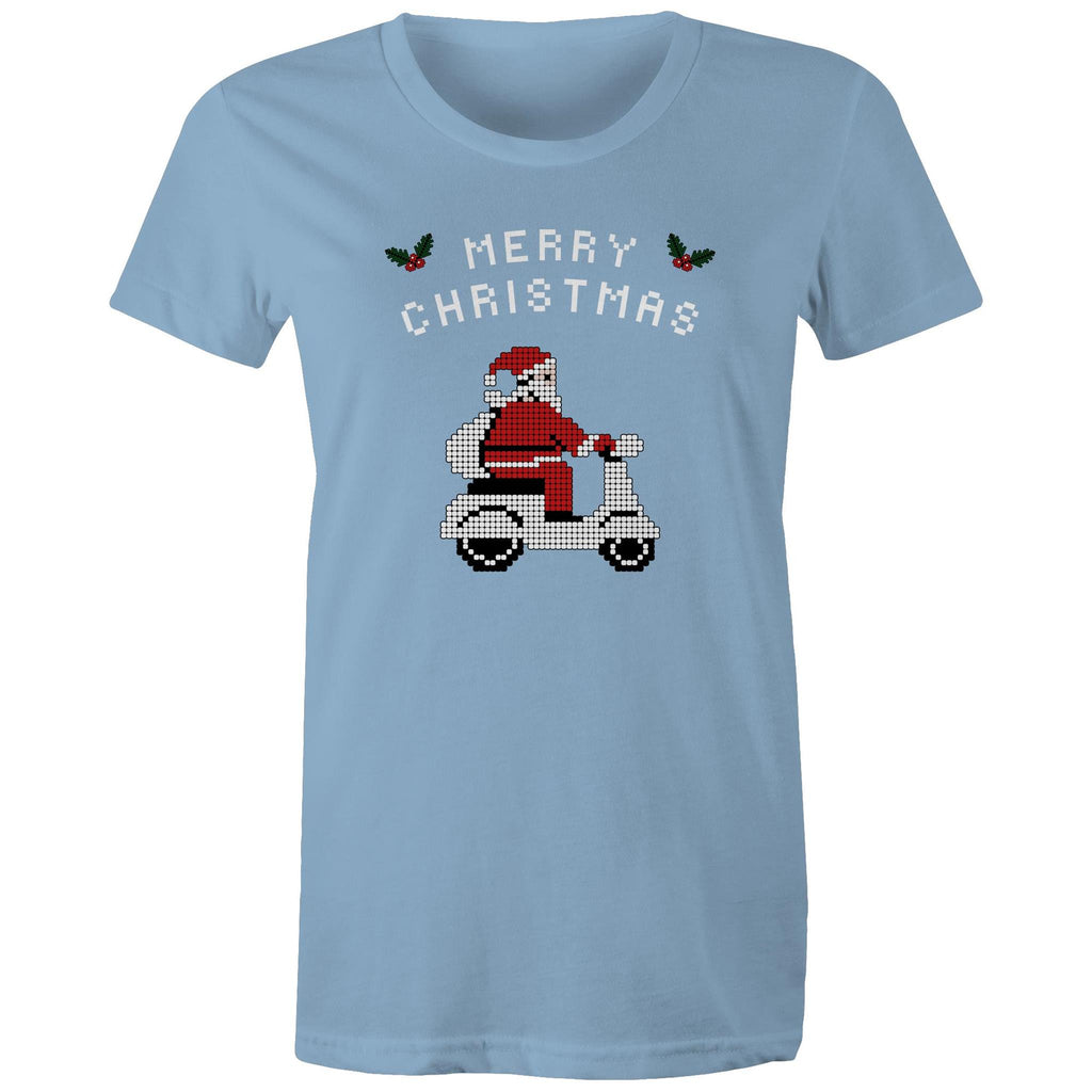 Scooter Santa - Womens T-shirt Carolina Blue Womens Christmas T-shirt Christmas Printed In Australia