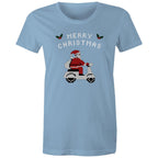 Scooter Santa - Womens T-shirt Carolina Blue Womens Christmas T-shirt Christmas Printed In Australia