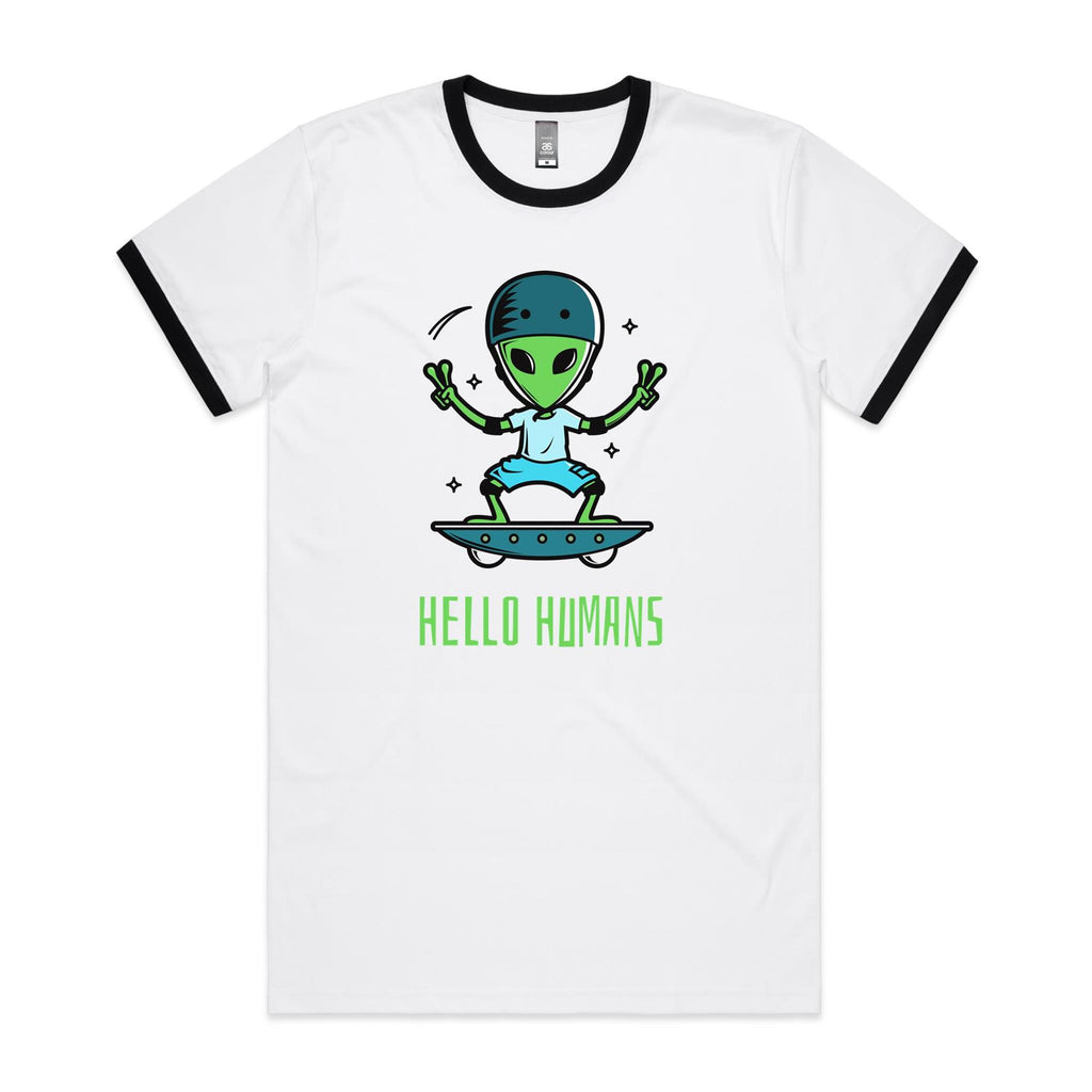 Alien, Hello Humans - Staple Ringer Tee White Black Ringer T-Shirt Printed In Australia Sci Fi