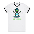 Alien, Hello Humans - Staple Ringer Tee White Black Ringer T-Shirt Printed In Australia Sci Fi