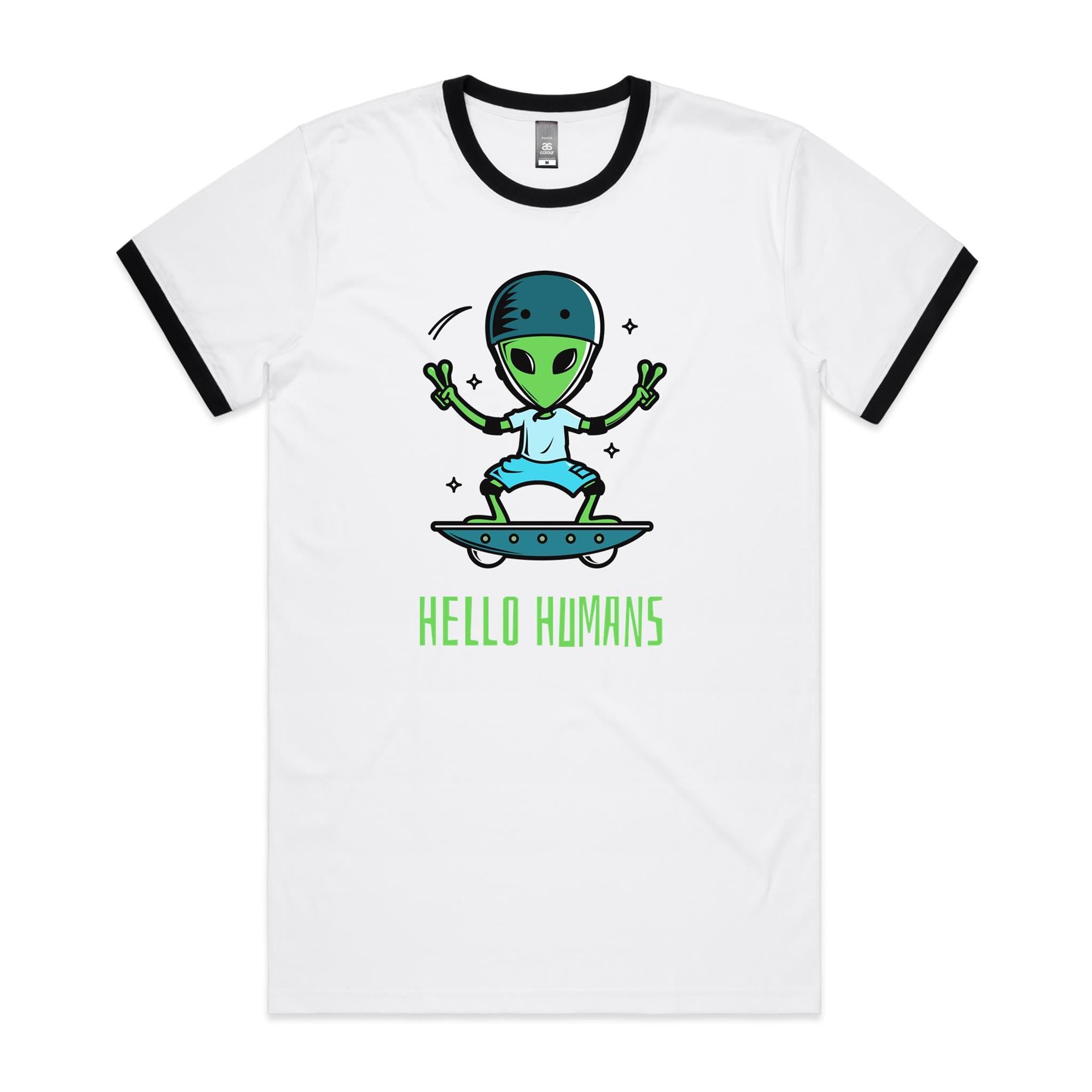 Alien, Hello Humans - Staple Ringer Tee White Black Ringer T-Shirt Printed In Australia Sci Fi