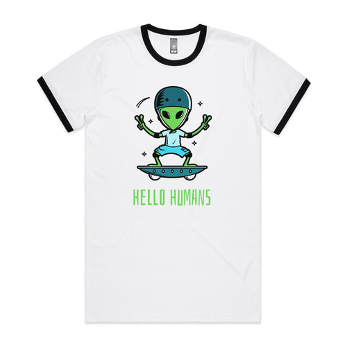 Alien, Hello Humans - Staple Ringer Tee White Black Ringer T-Shirt Printed In Australia Sci Fi