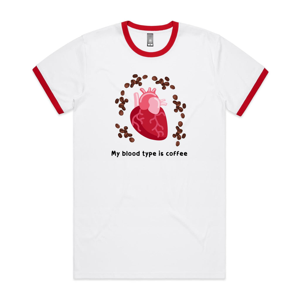 My Blood Type Is Coffee - Staple Ringer Tee White Red Ringer T-Shirt Coffee Printed In Australia