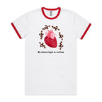My Blood Type Is Coffee - Staple Ringer Tee White Red Ringer T-Shirt Coffee Printed In Australia