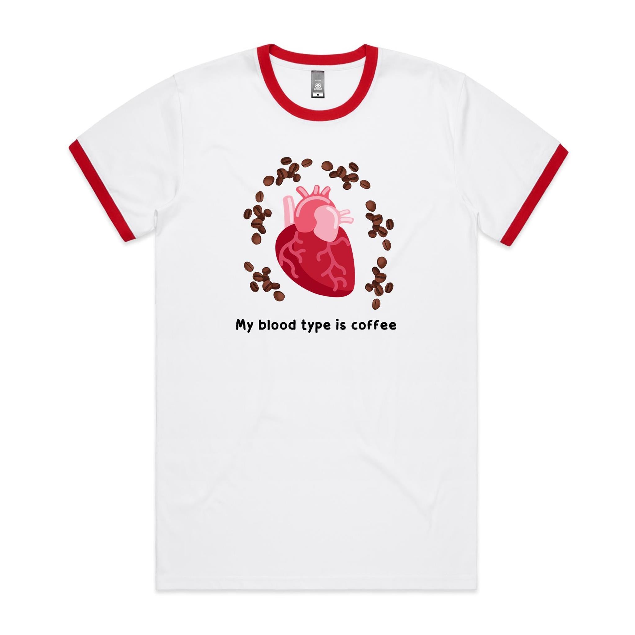 My Blood Type Is Coffee - Staple Ringer Tee White Red Ringer T-Shirt Coffee Printed In Australia