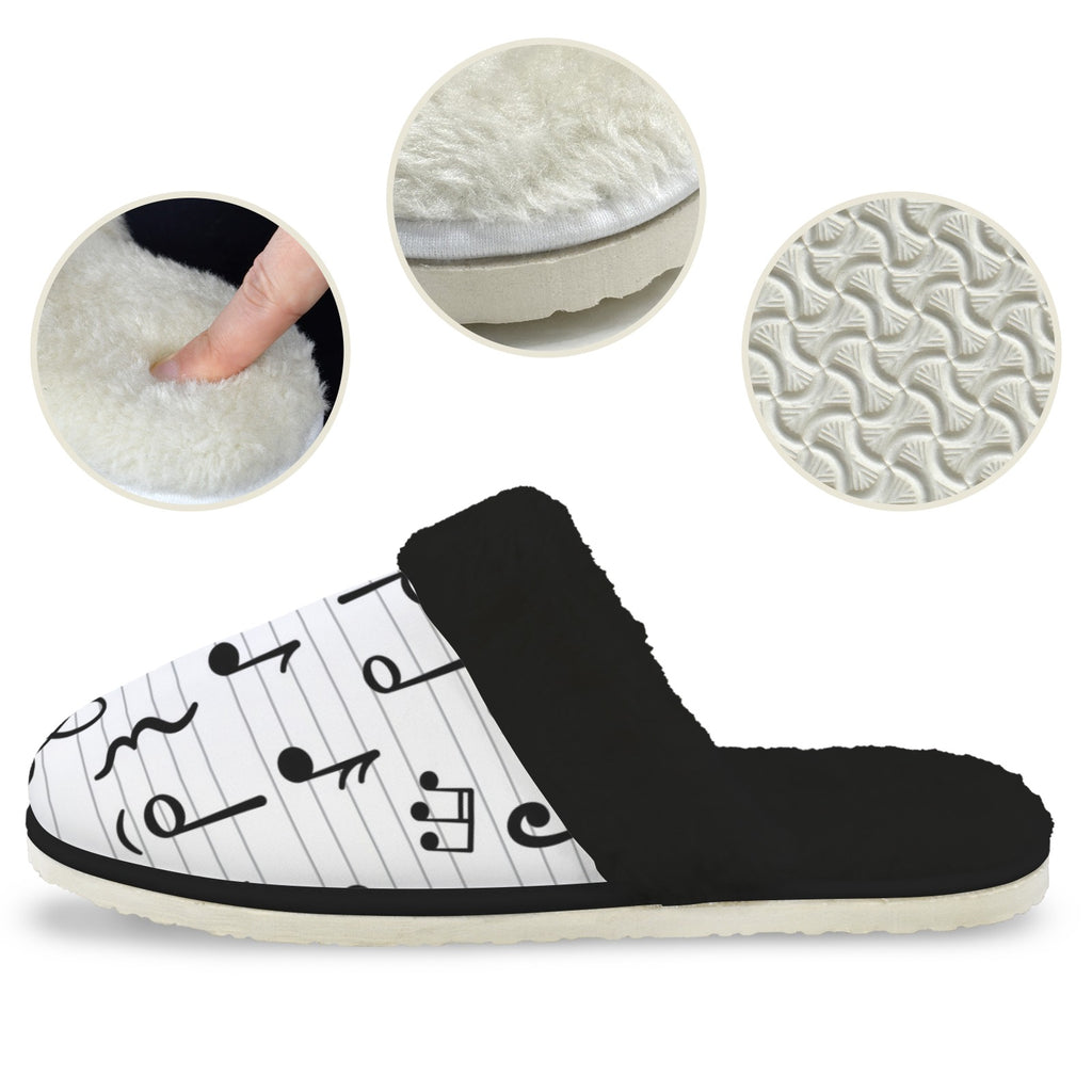 Music Stave Men's Fur Trim Thick-Sole Indoor Slippers Men's Fur Trimmed Slippers Music Printed Offshore