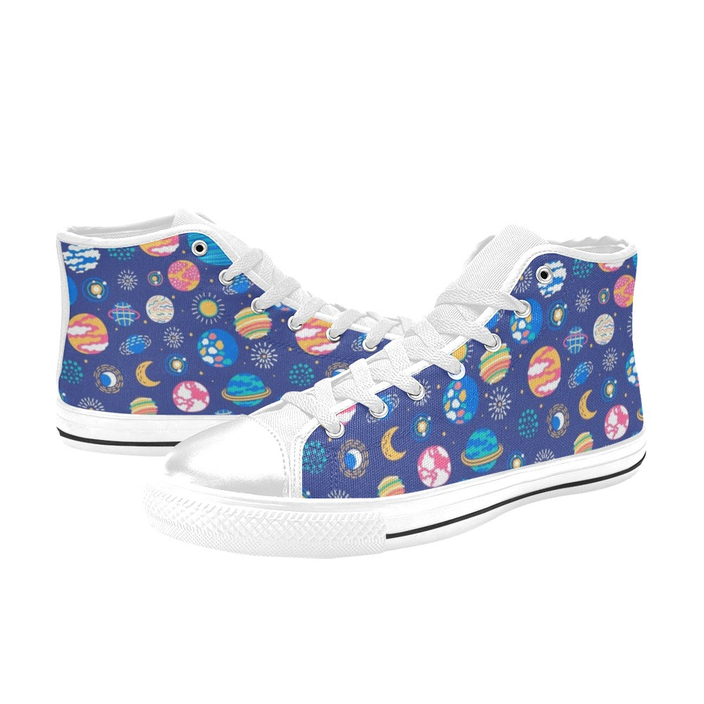 Planets On Blue Men's High Top Canvas Shoes Men's Classic High Top Canvas Shoes Printed Offshore Space