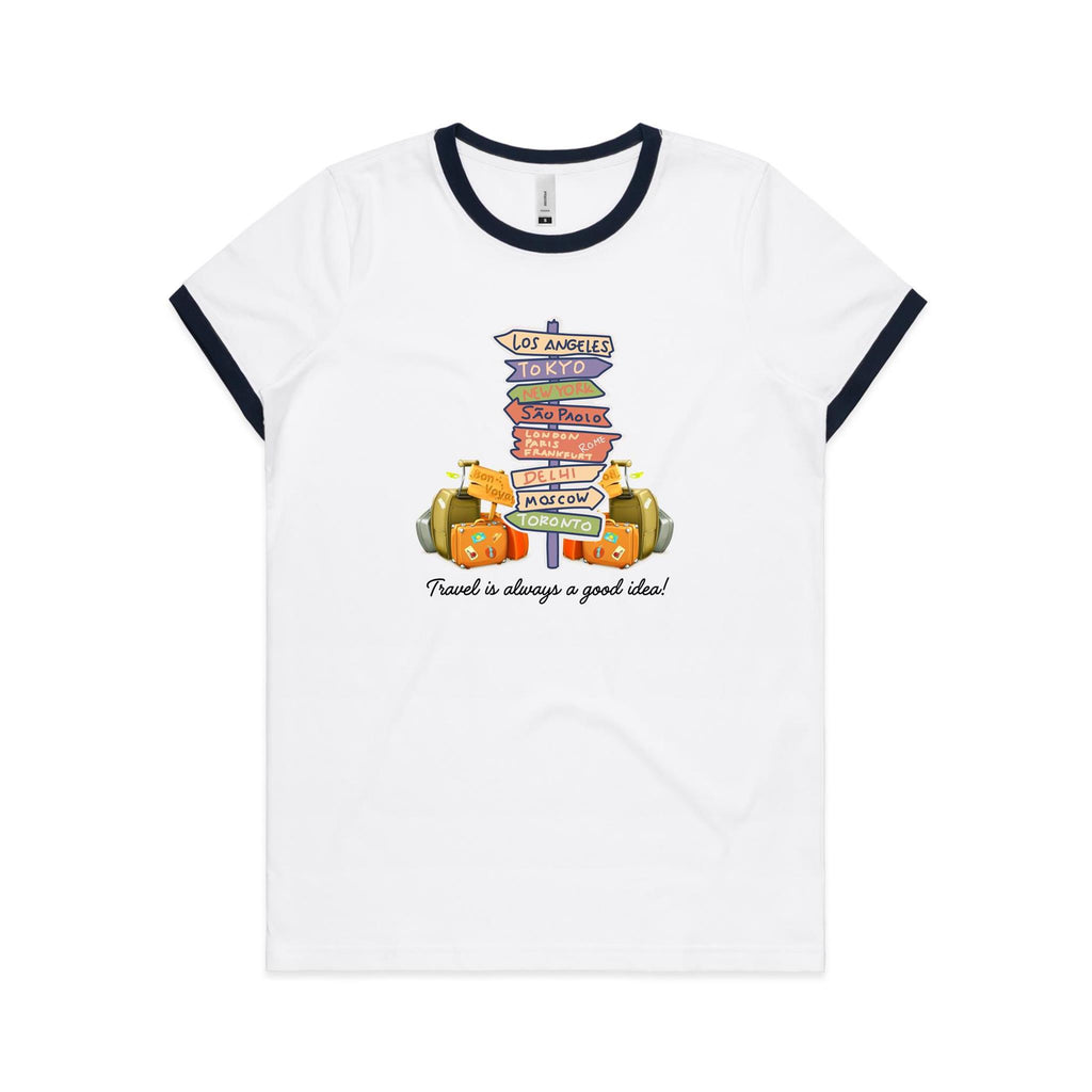 Travel Is Always A Good Idea - Women's Ringer Tee White Navy Womens Ringer T-shirt Printed In Australia