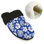 Blue Hawaiian Floral Women's Fur Trim Thick-Sole Indoor Slippers Women's Fur Trimmed Slippers Plants Printed Offshore