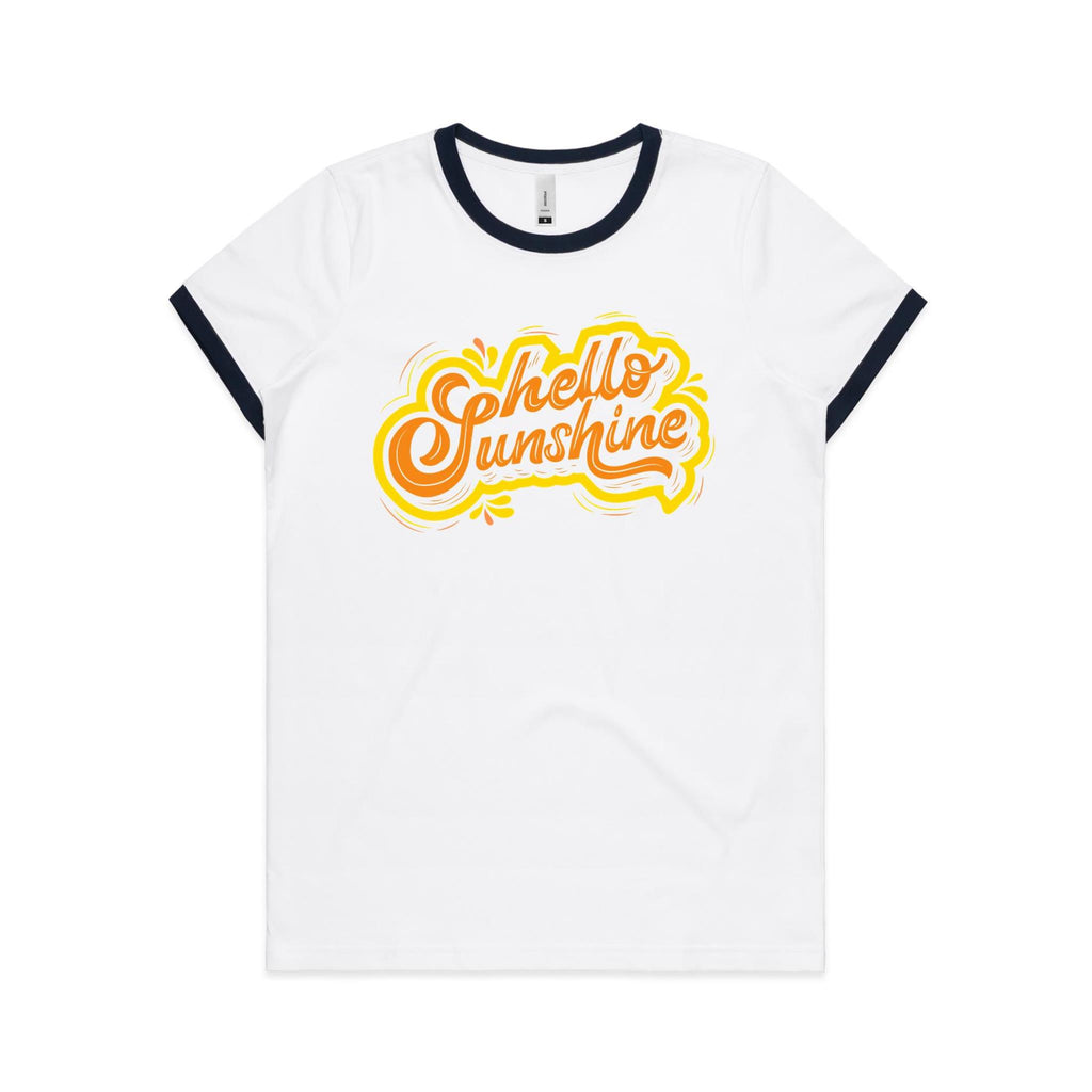 Hello Sunshine - Women's Ringer Tee White Navy Womens Ringer T-shirt Printed In Australia Summer