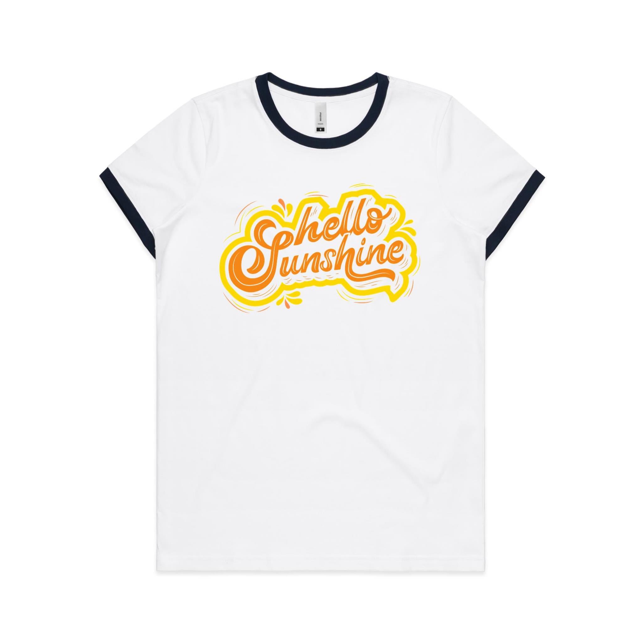 Hello Sunshine - Women's Ringer Tee White Navy Womens Ringer T-shirt Printed In Australia Summer