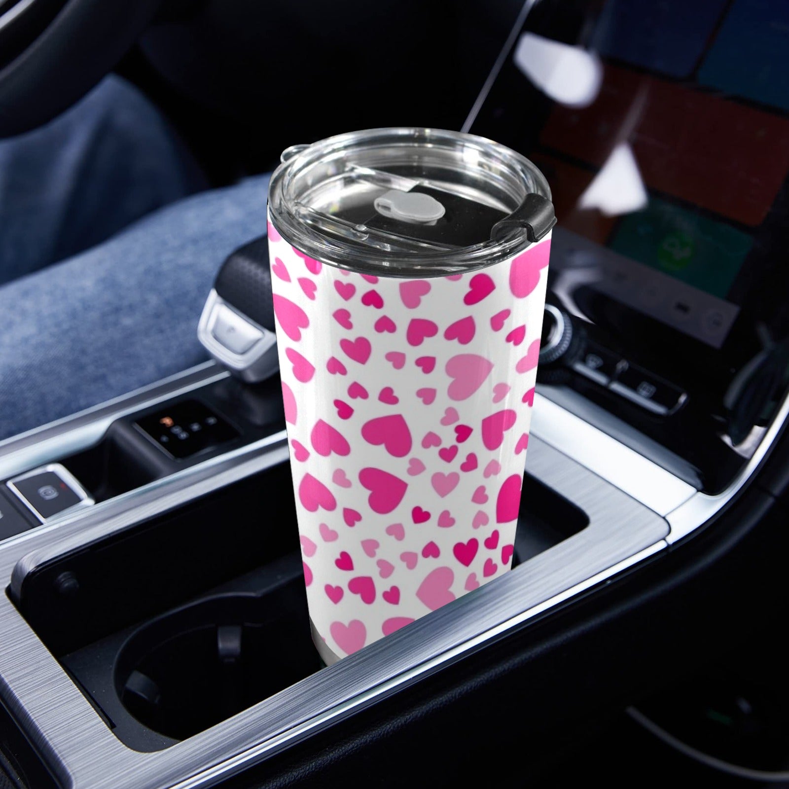 Pink Hearts On White - 20oz Mobile Tumbler with Lid (Black Lock)