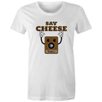 Say Cheese, Vintage Camera - Womens T-shirt White Womens T-shirt Printed In Australia Retro