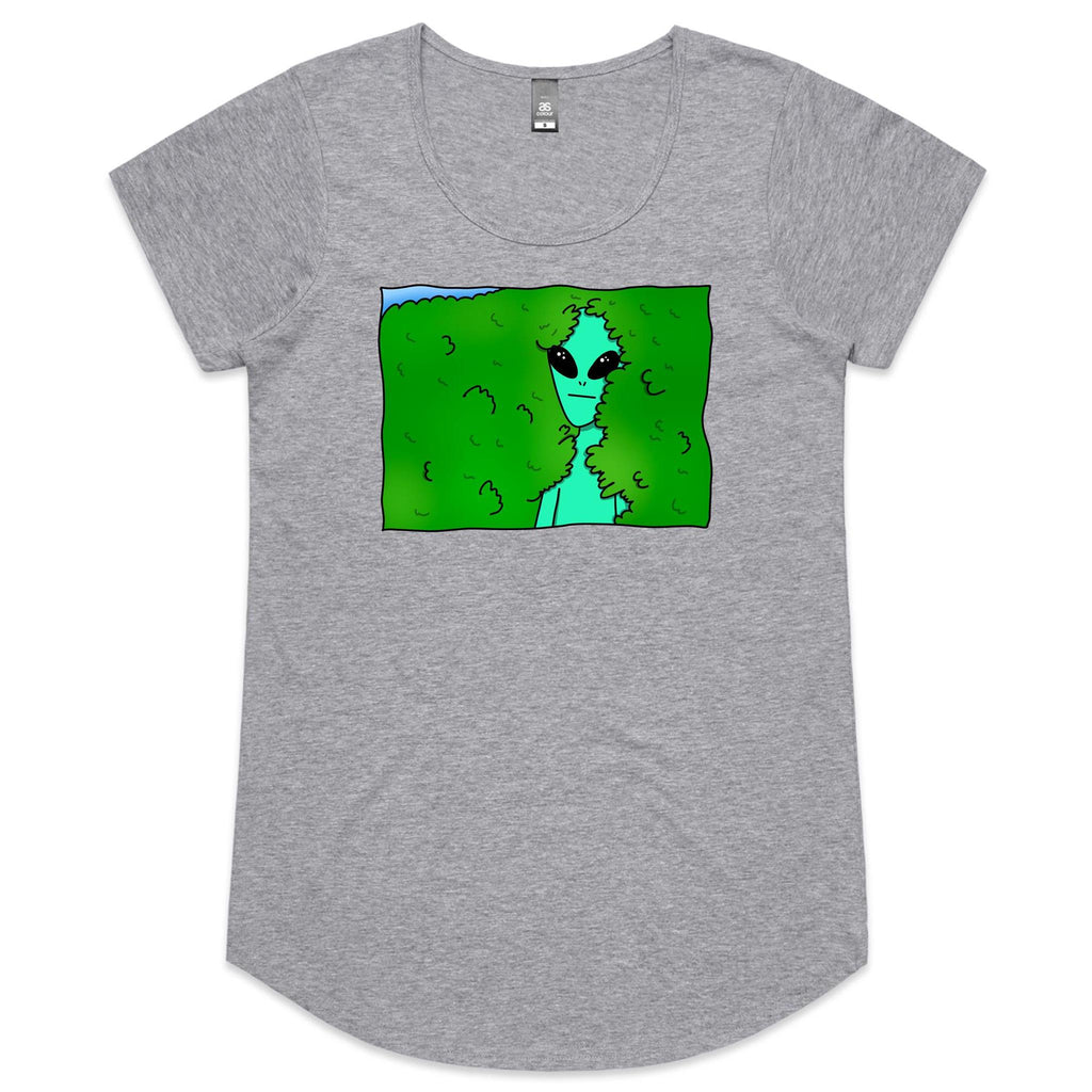 Alien Backing Into Hedge Meme - Womens Scoop Neck T-Shirt Grey Marle Womens Scoop Neck T-shirt Printed In Australia Sci Fi
