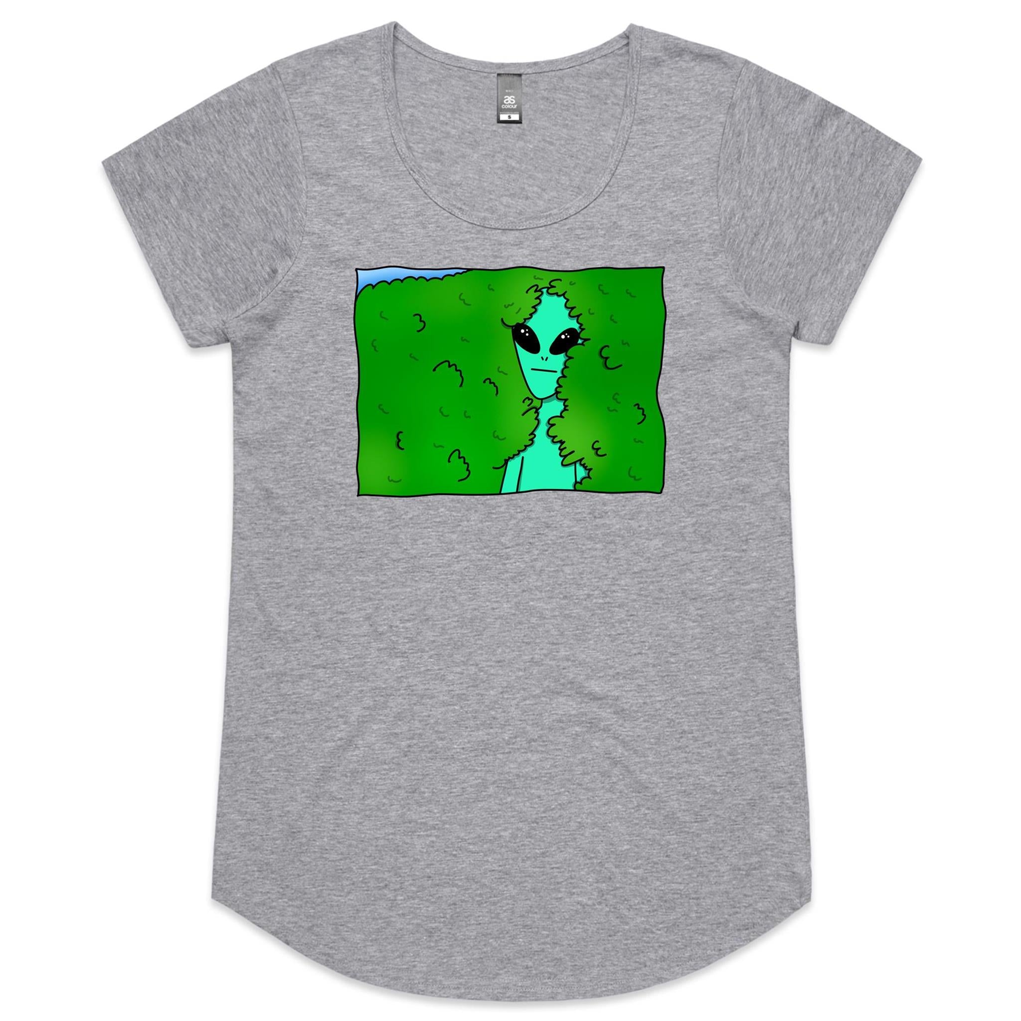 Alien Backing Into Hedge Meme - Womens Scoop Neck T-Shirt Grey Marle Womens Scoop Neck T-shirt Printed In Australia Sci Fi