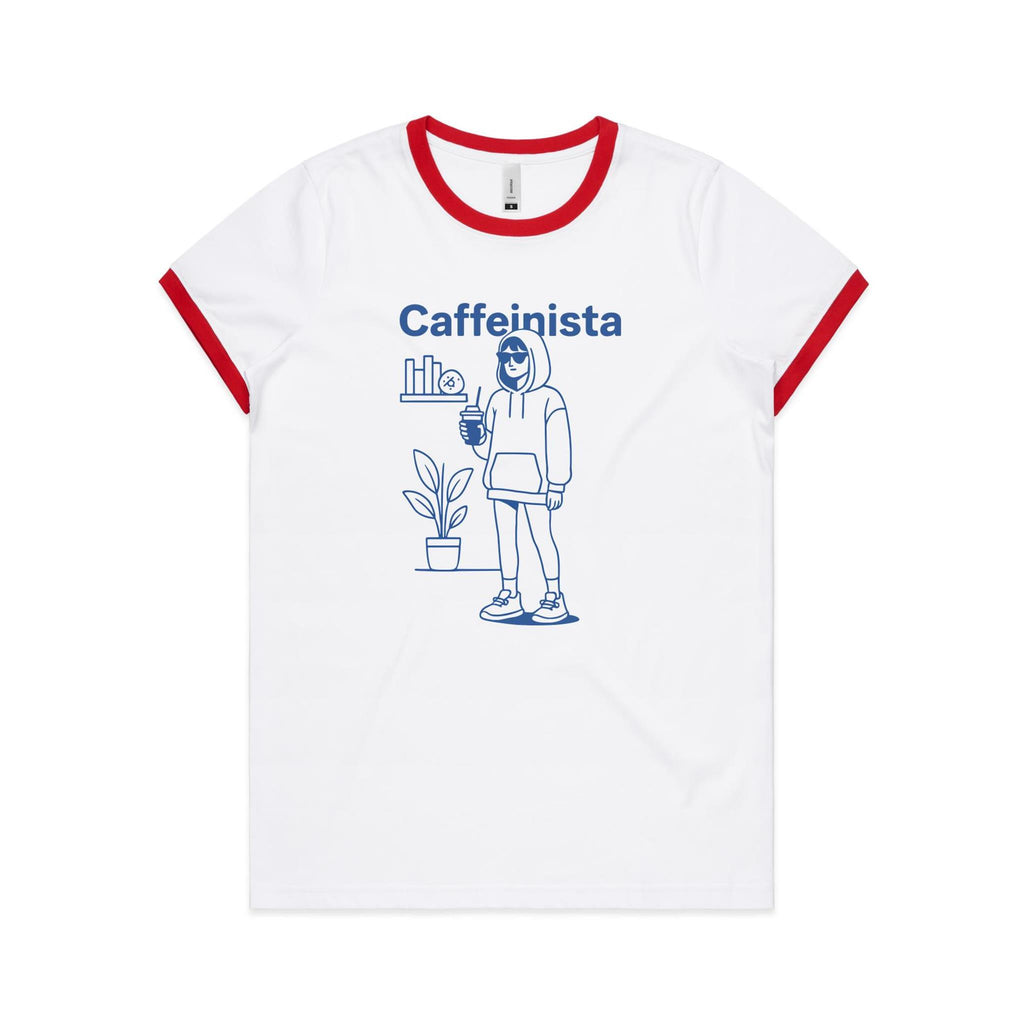 Caffeinista, Caffeine Women's AS Colour Ringer Tee White Red Womens Ringer T-shirt Coffee Printed In Australia