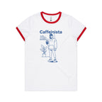 Caffeinista, Caffeine Women's AS Colour Ringer Tee White Red Womens Ringer T-shirt Coffee Printed In Australia