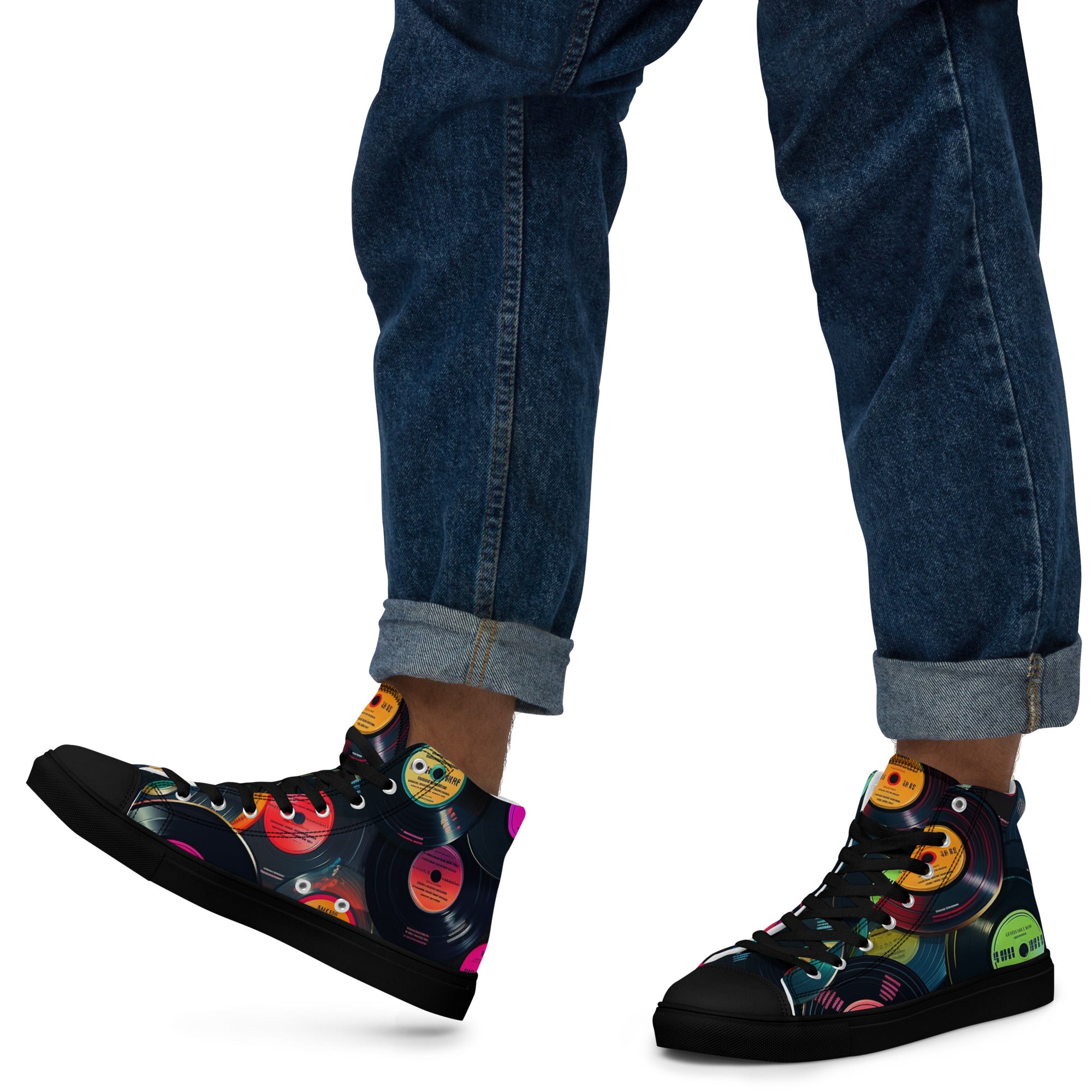 Retro Vinyl Records - Men’s high top canvas shoes Black Mens High Top Shoes Music Printed Offshore Retro