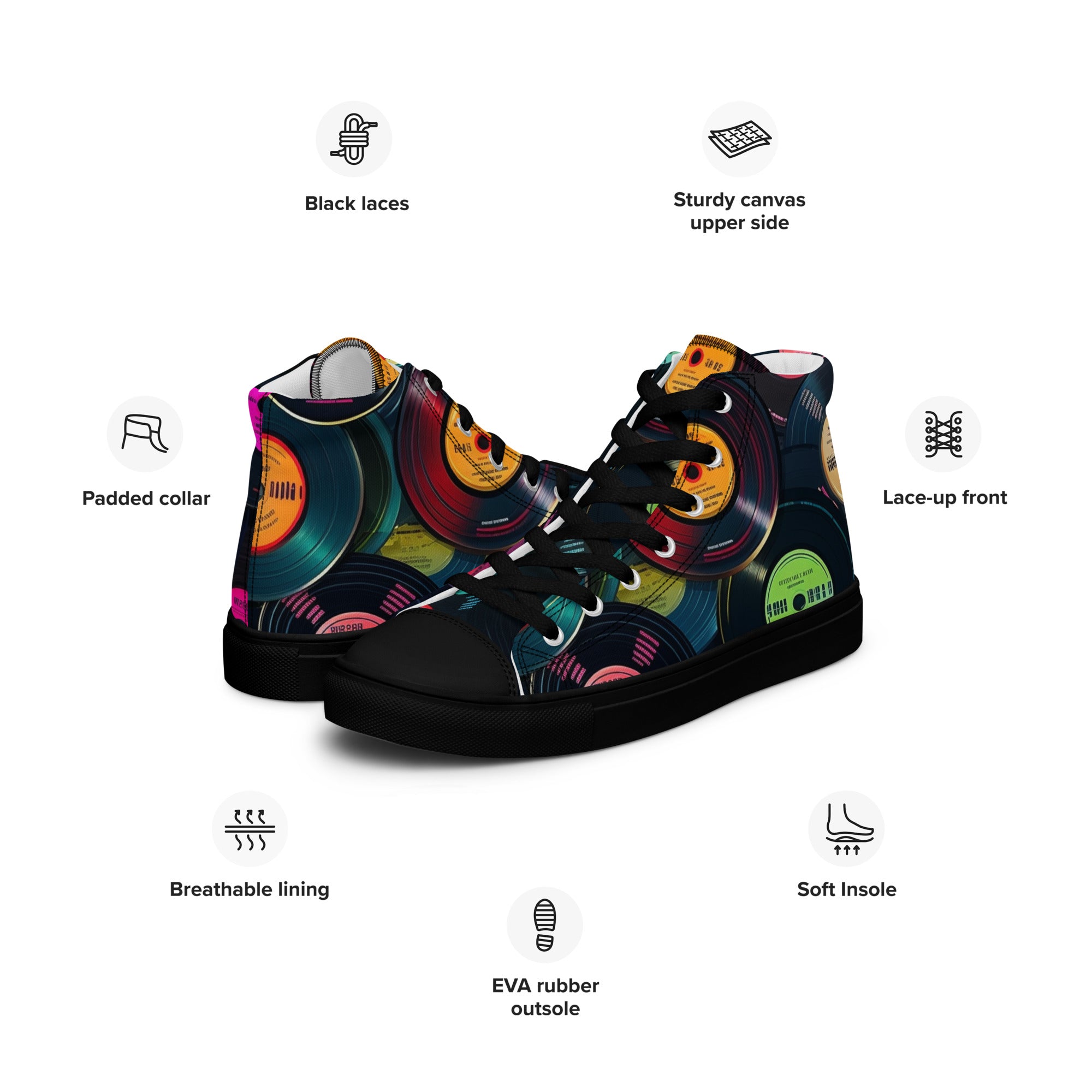 Retro Vinyl Records - Men’s high top canvas shoes Mens High Top Shoes Music Printed Offshore Retro