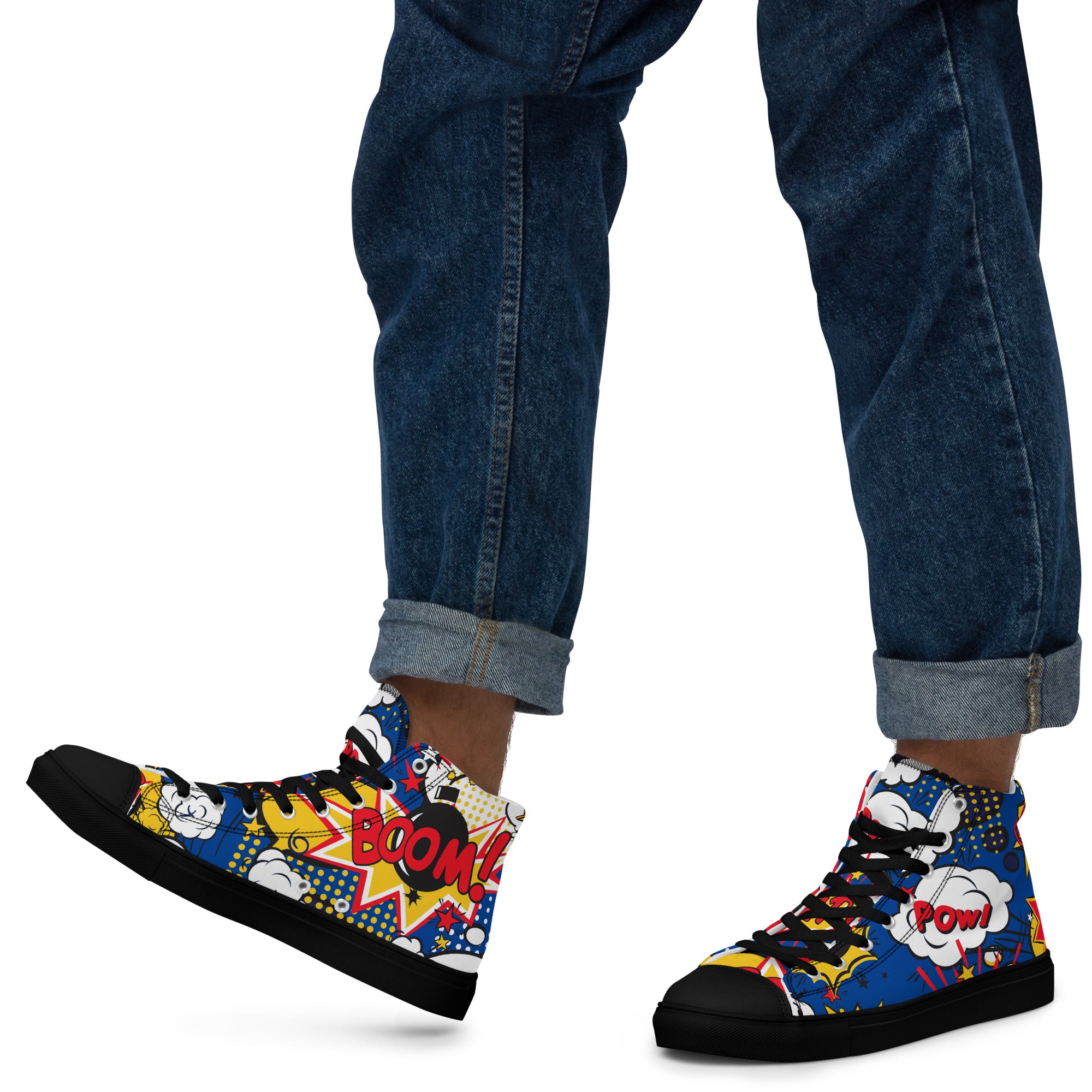Blue Comic Book - Men’s high top canvas shoes Black Mens High Top Shoes Comic Printed Offshore