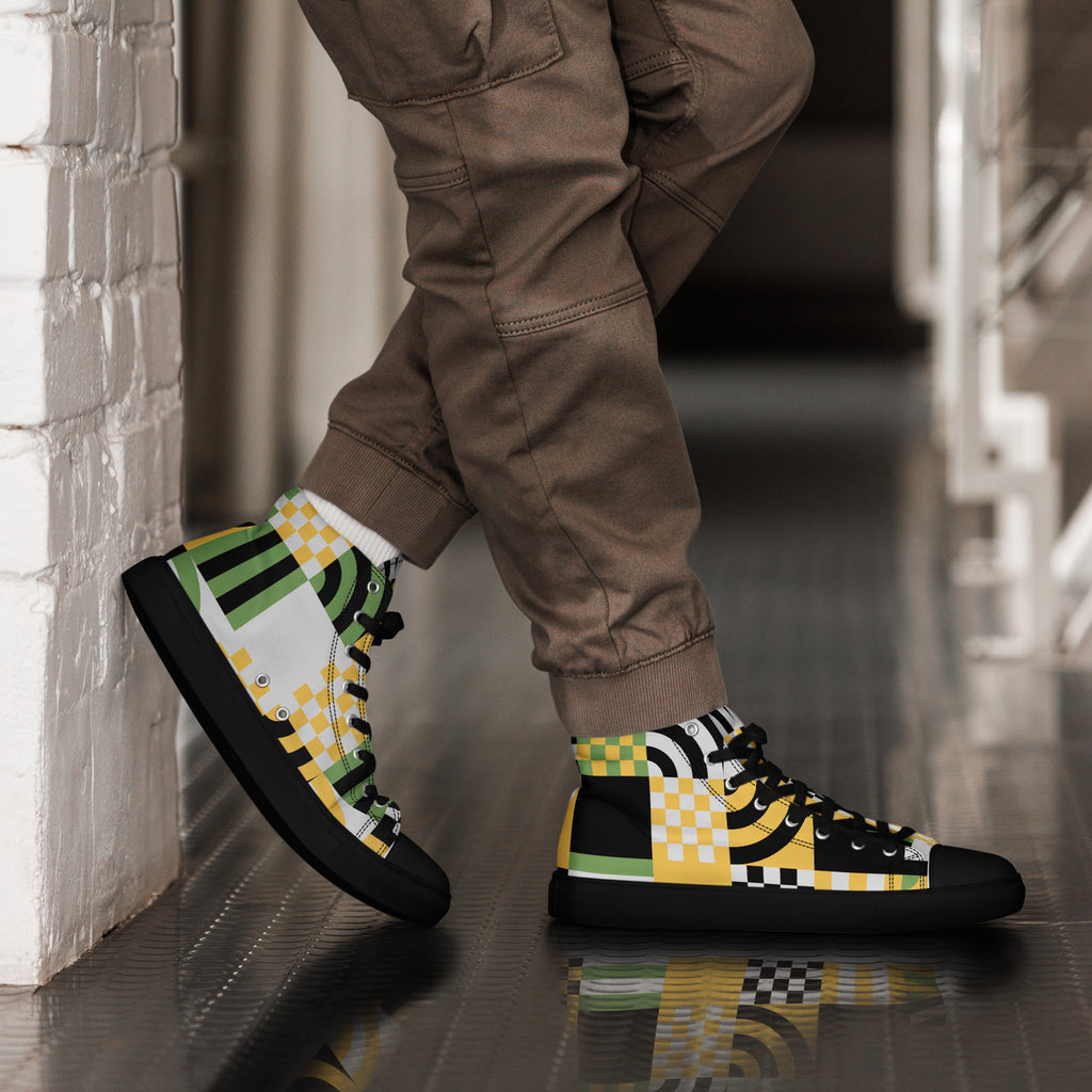 Grid Green And Yellow - Men’s high top canvas shoes Mens High Top Shoes Printed Offshore