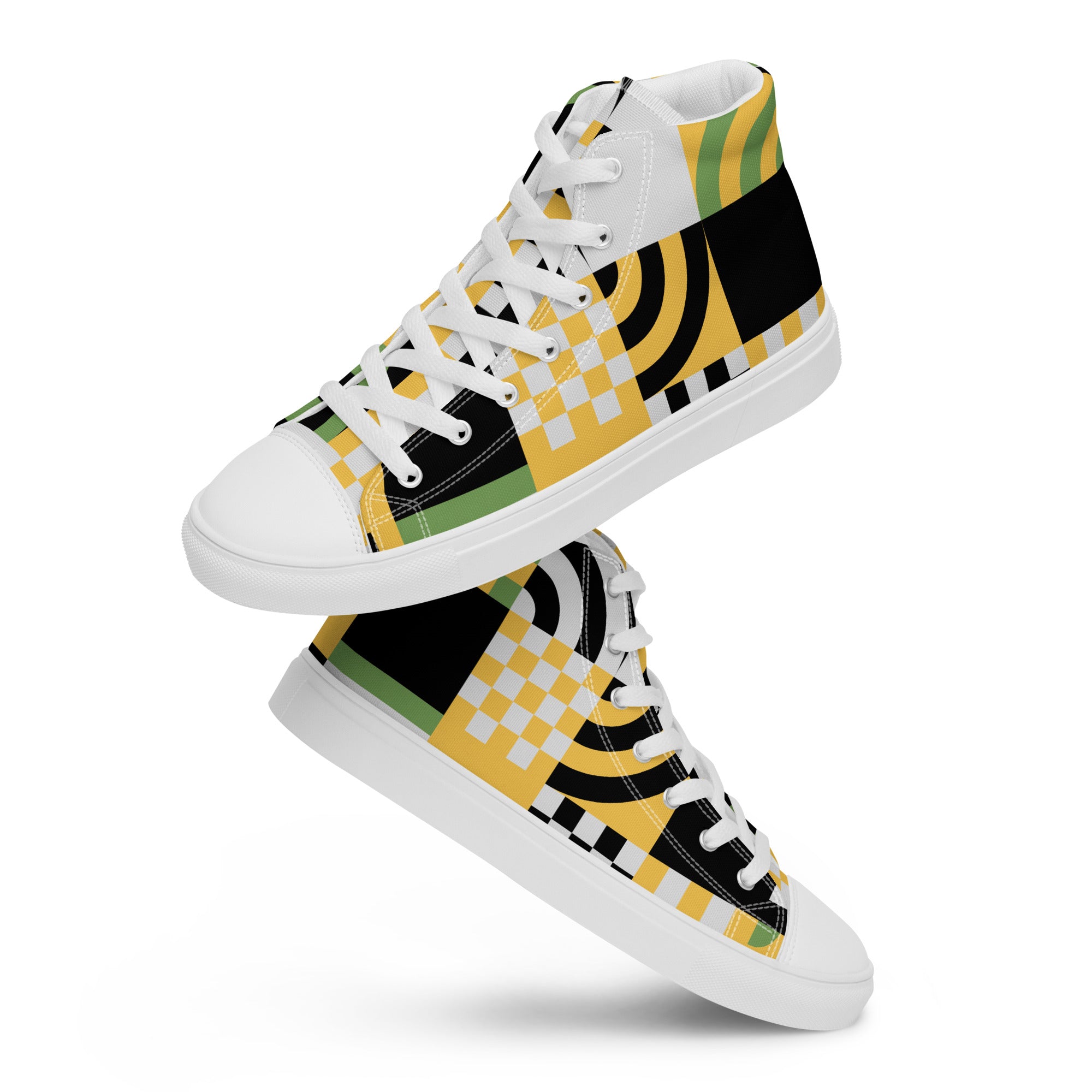 Grid Green And Yellow - Men’s high top canvas shoes White Mens High Top Shoes Printed Offshore