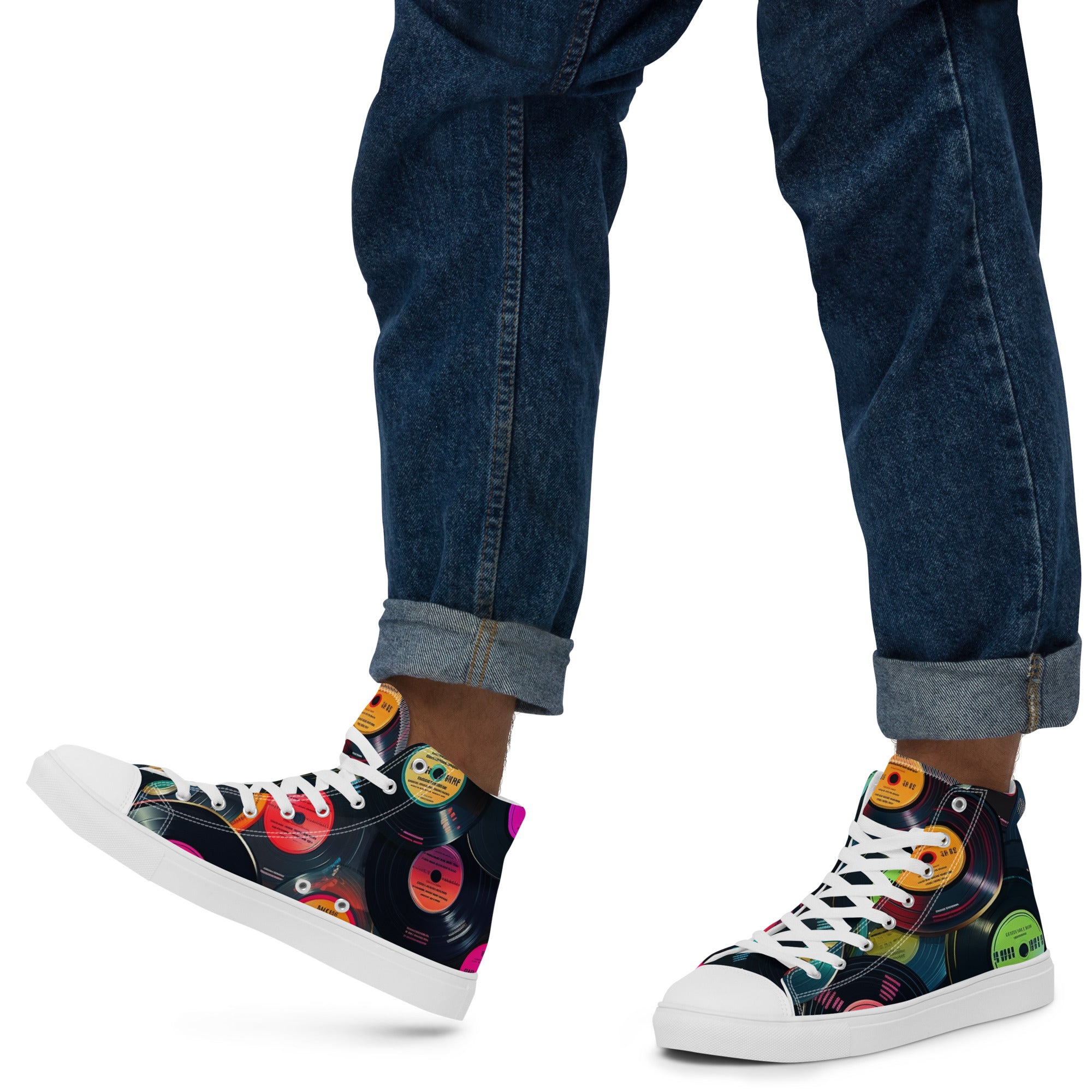 Retro Vinyl Records - Men’s high top canvas shoes White Mens High Top Shoes Music Printed Offshore Retro