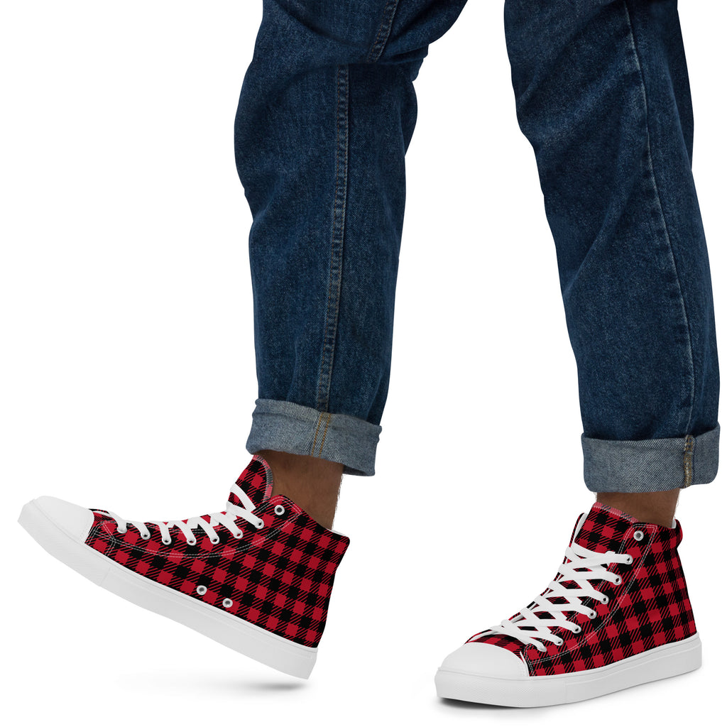 Red And Black Check - Men’s high top canvas shoes White Mens High Top Shoes Printed Offshore