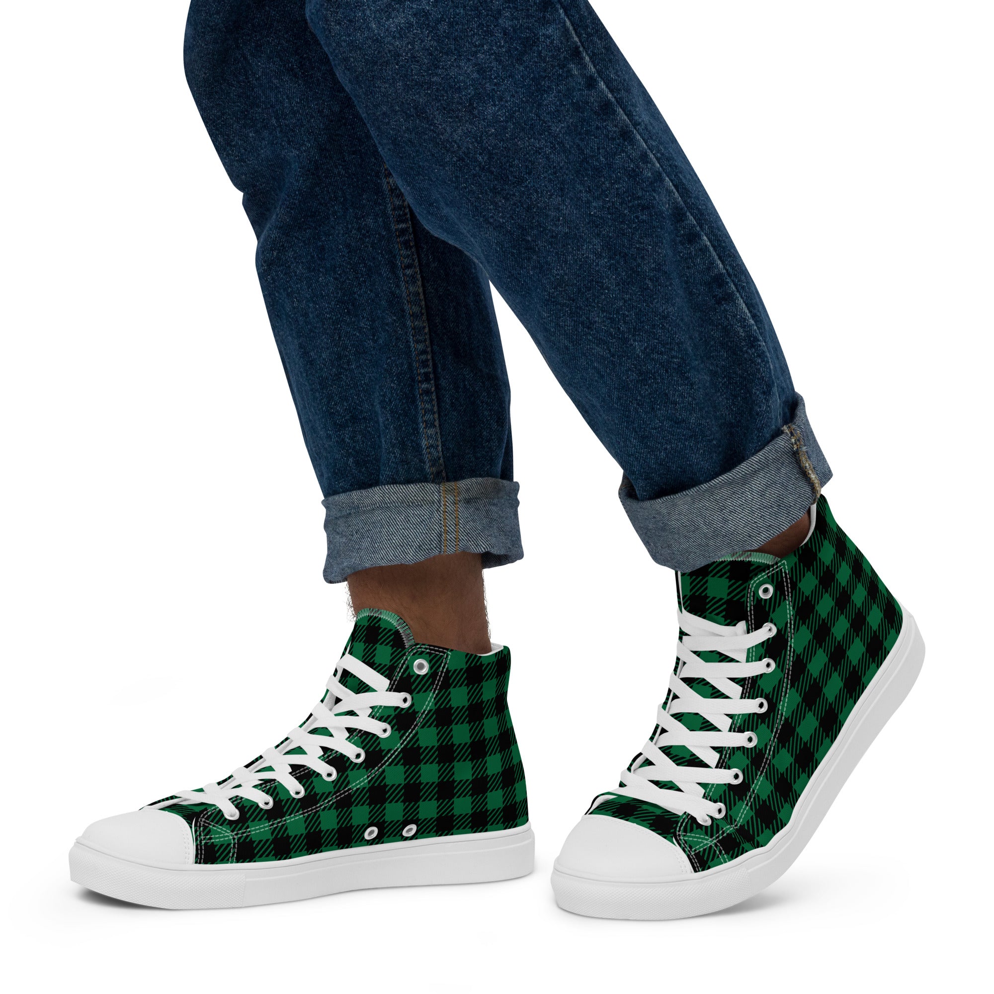 Green Check - Men’s high top canvas shoes White Mens High Top Shoes Printed Offshore