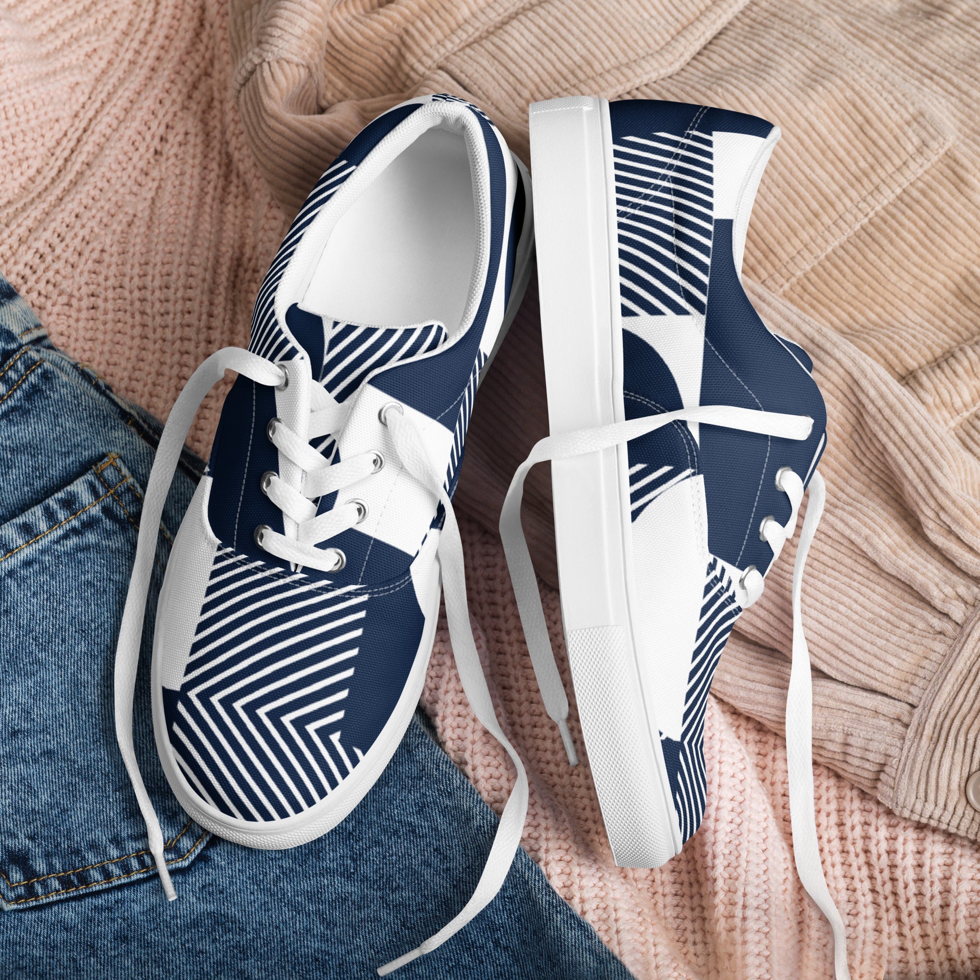 Blue Geometric - Men’s lace-up canvas shoes Mens Lace Up Canvas Shoes Printed Offshore