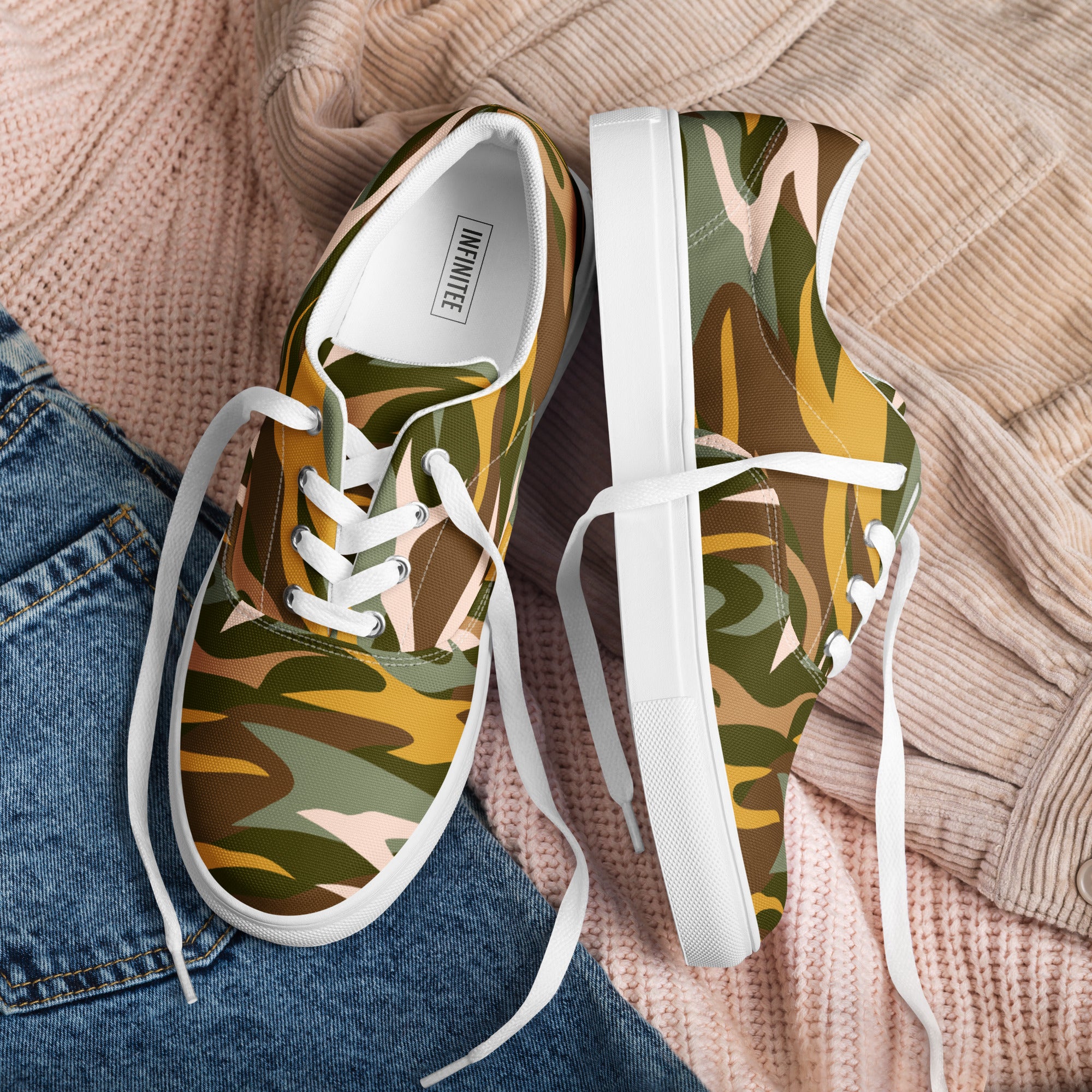 Green And Yellow Comouflage - Men’s lace-up canvas shoes Mens Lace Up Canvas Shoes Printed Offshore